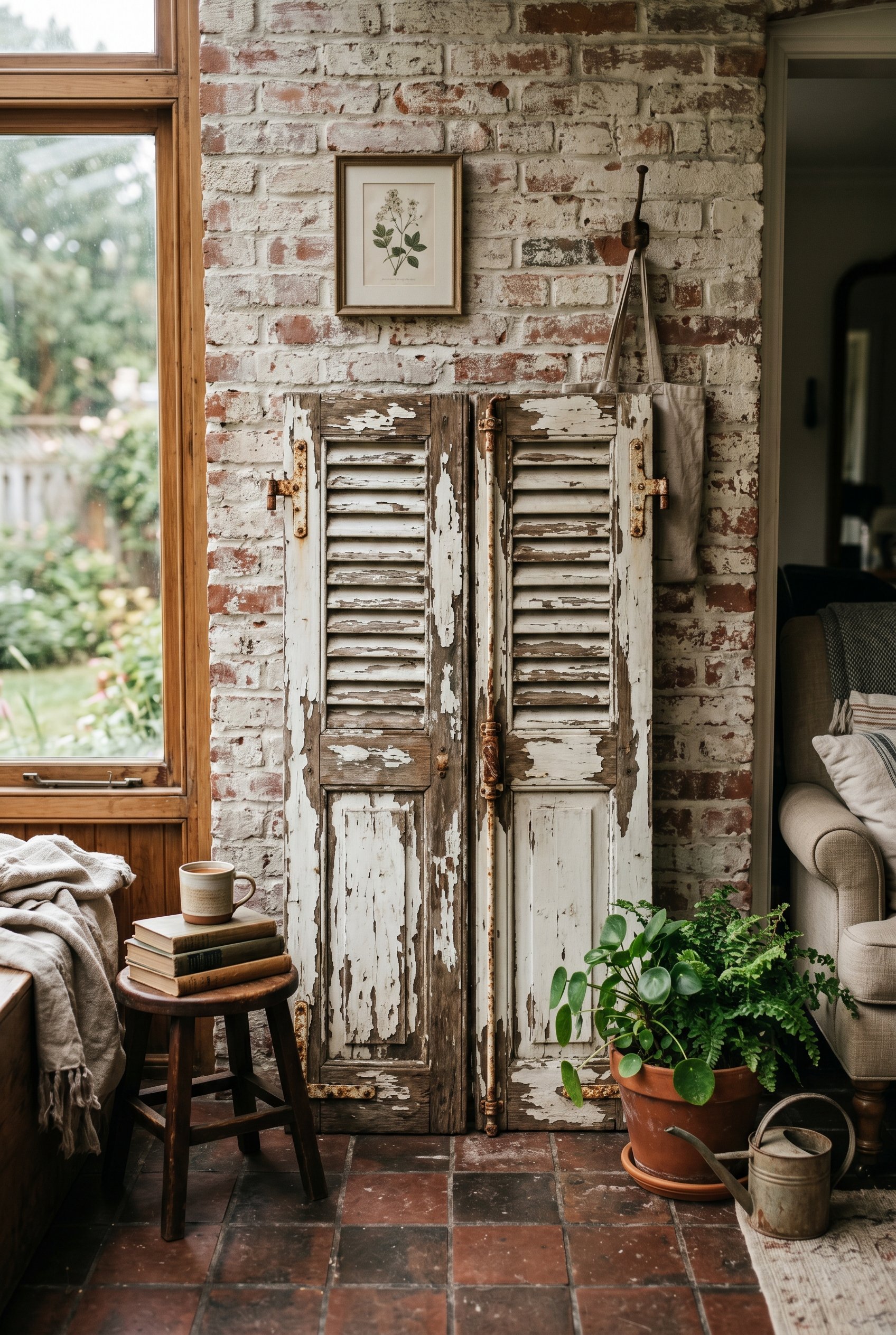 Photorealistic interior photo. Vintage wooden window shutters with peeling white paint leaning against a brick patio wall, weathered texture, straight-on angle. Editorial photography style, no people 