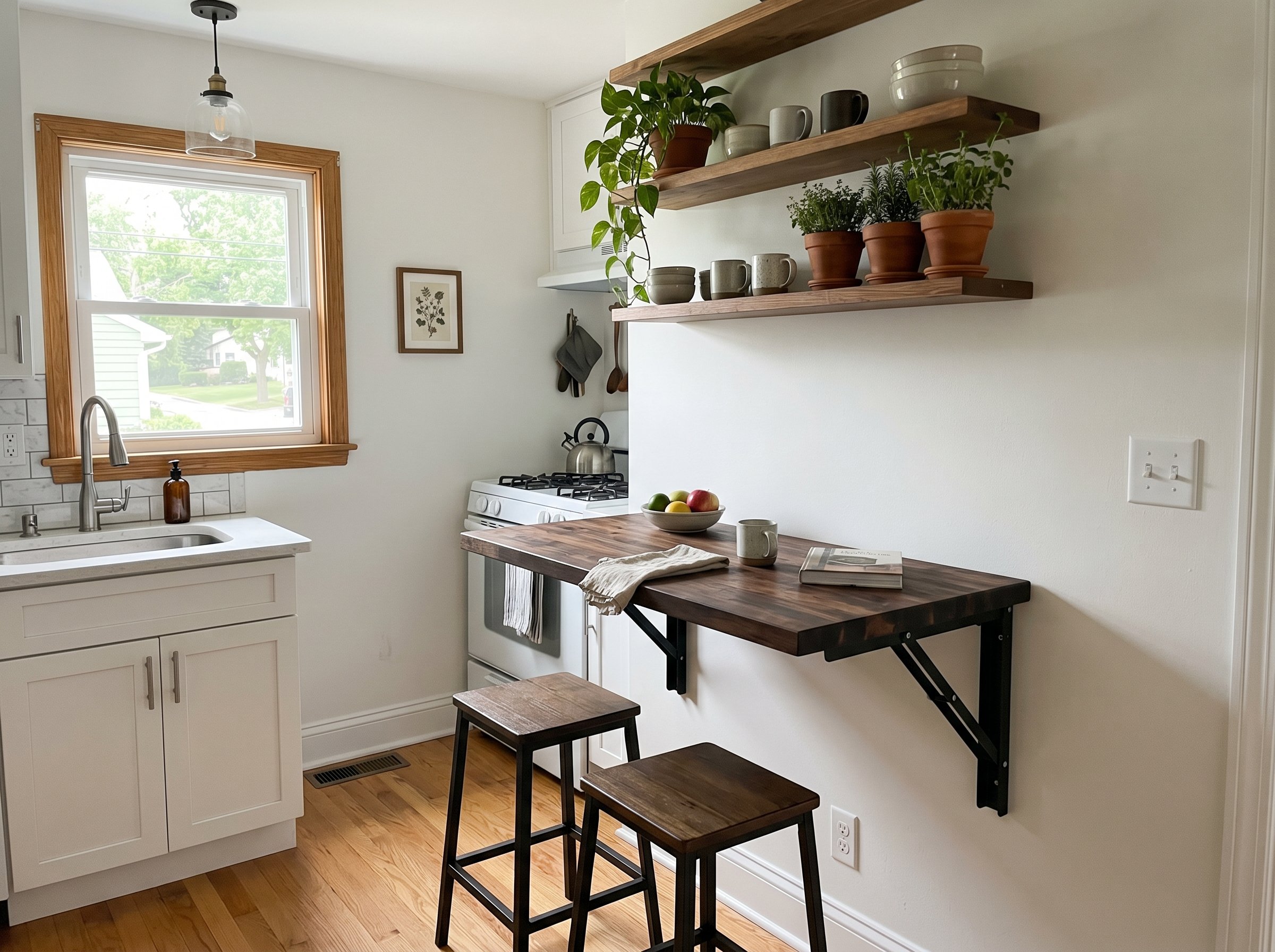 Photorealistic interior photo. Wall-mounted drop-leaf breakfast bar made of dark stained butcher block, supported by heavy steel folding brackets, positioned in a tight kitchen corner. Bright daylight