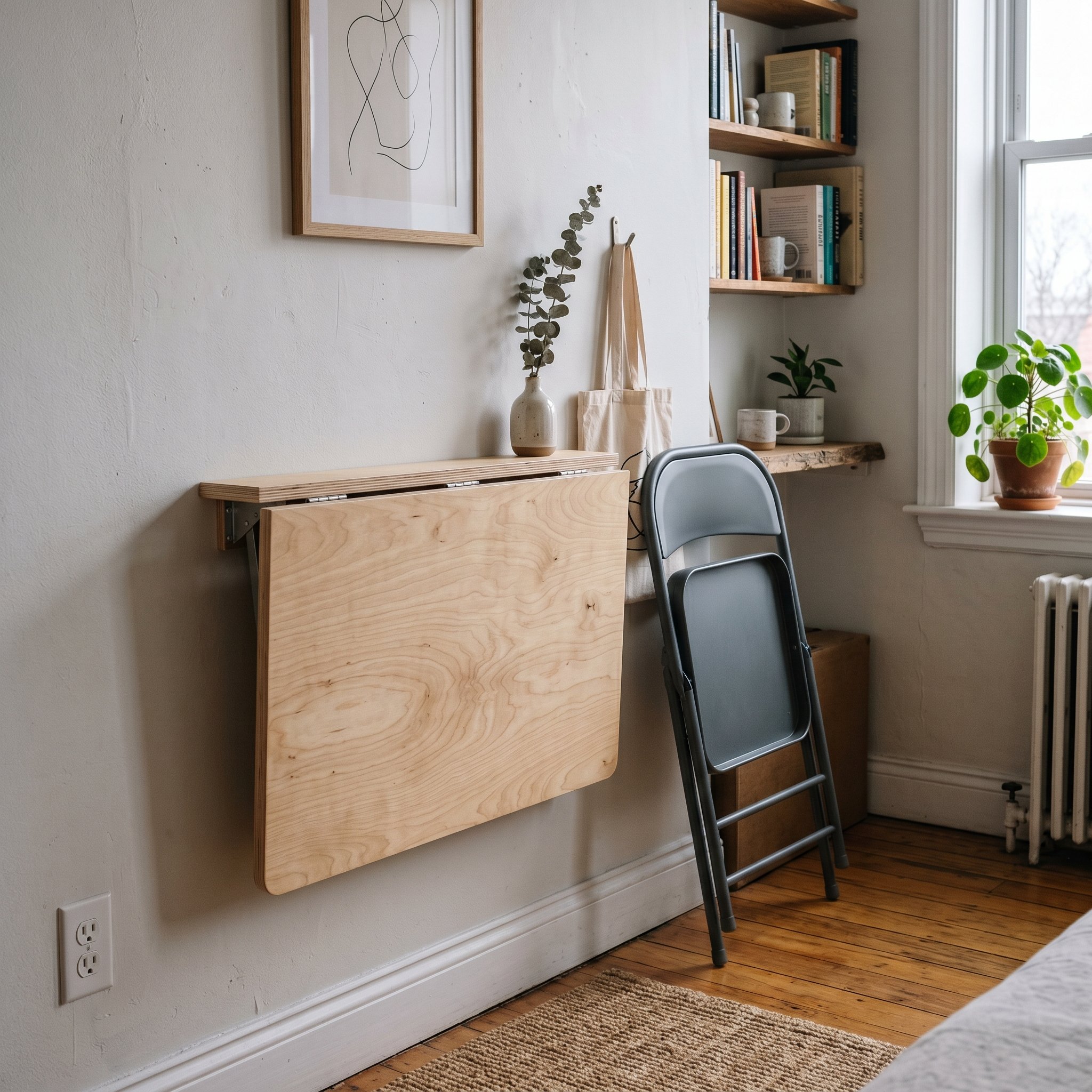 Photorealistic interior photo. Wall-mounted raw birch drop-leaf table folded up in a tiny apartment, single metal folding chair tucked nearby, modern minimalist styling, side profile angle. Editorial 