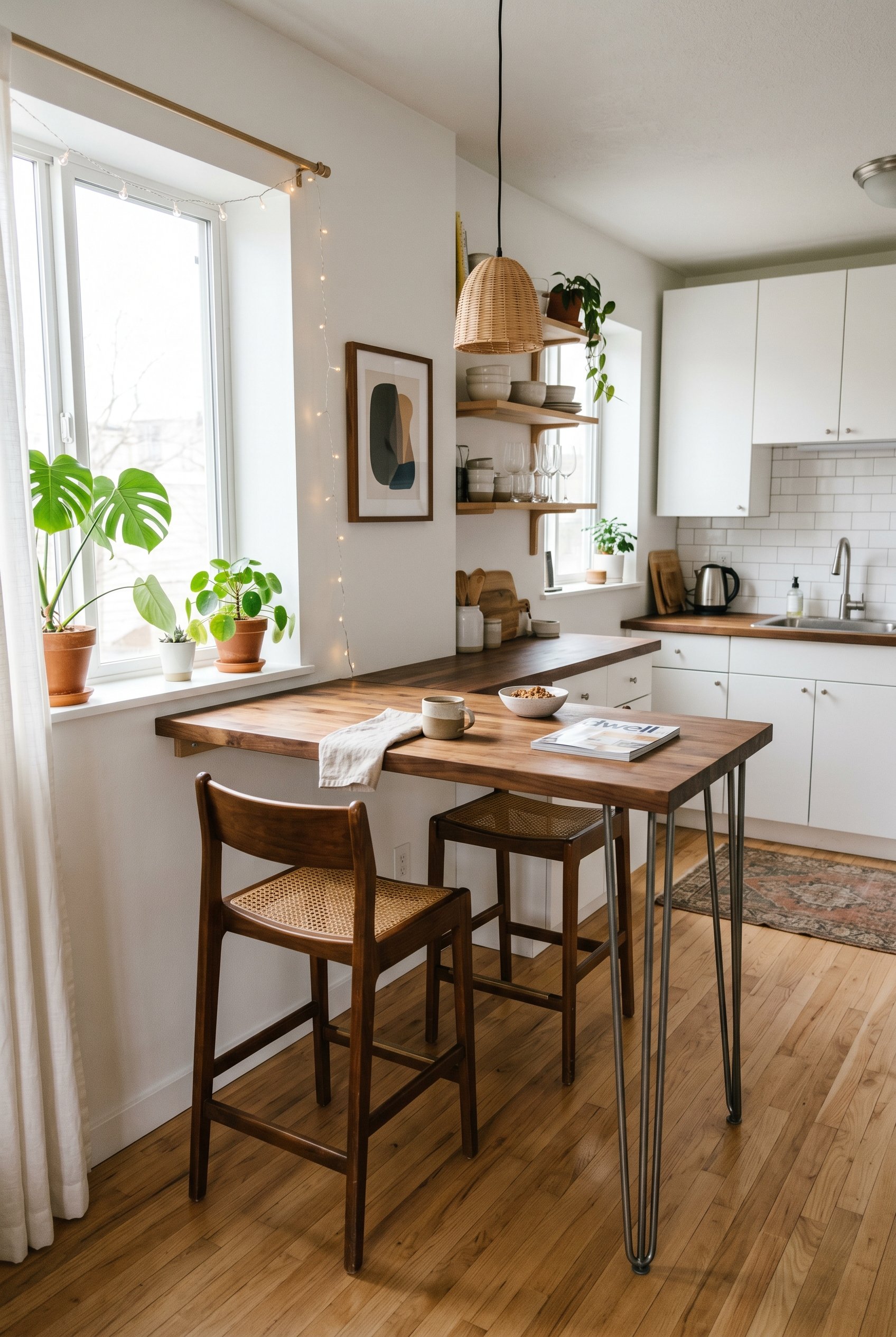 Photorealistic interior photo. Walnut IKEA butcher block countertop acting as a breakfast bar, one end attached to a white wall, the other supported by two raw steel hairpin legs. Mid-century modern D