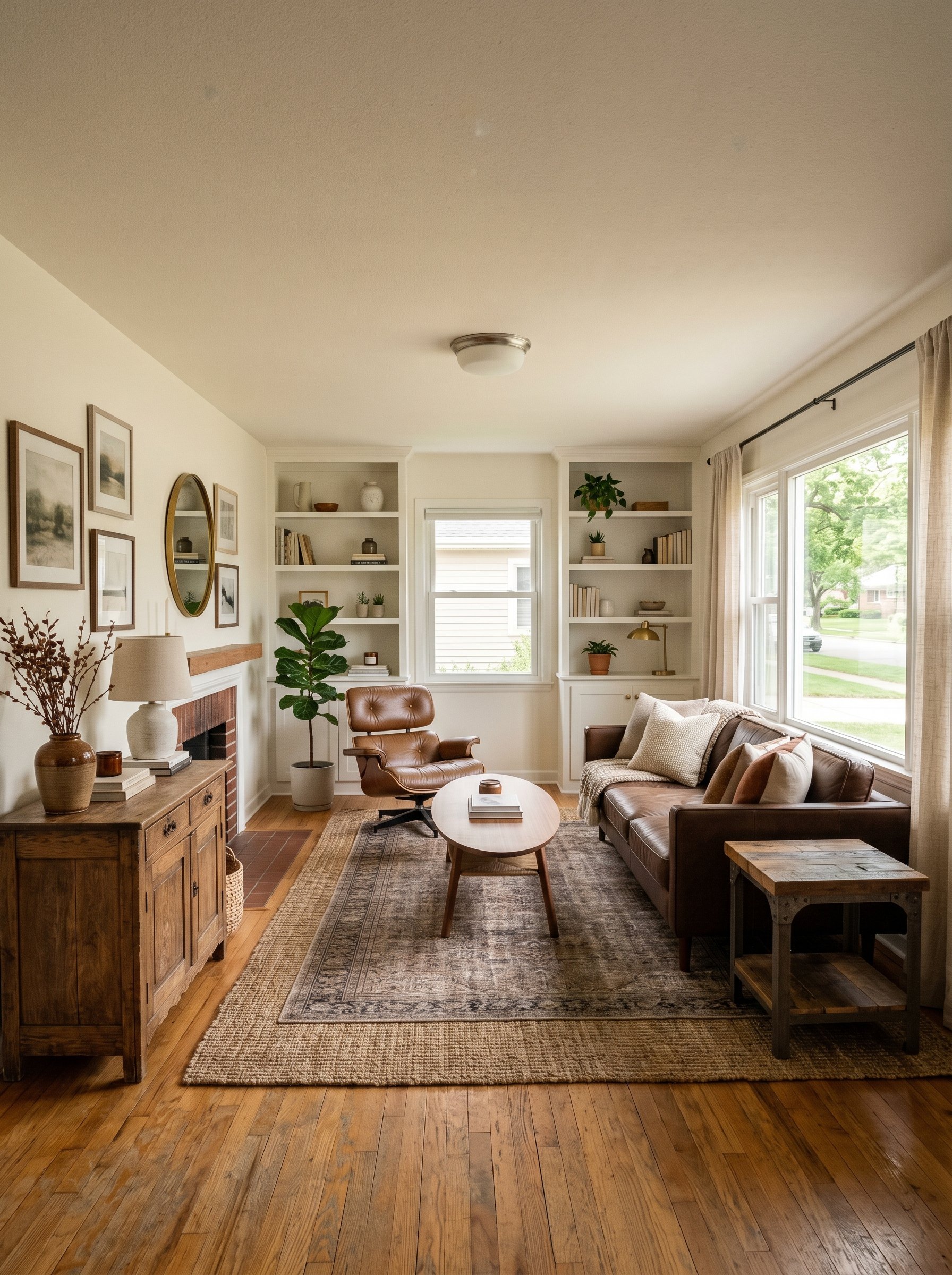 Photorealistic interior photo. Warm transitional living room mixing mid-century modern lines with rustic leather and wood, neutral earth tones, natural daylight, wide camera angle. Editorial photograp