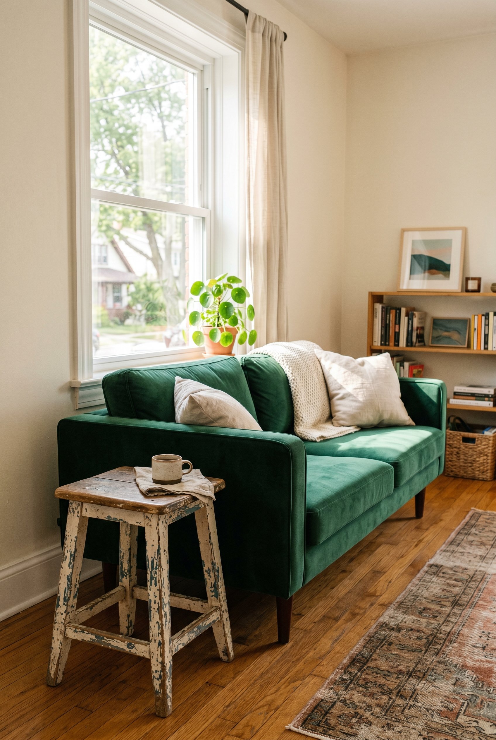 Photorealistic interior photo. Weather-beaten wooden stool with safely sealed chippy paint sitting next to a sleek modern velvet sofa, sunny window light, 45-degree angle. Editorial photography style,