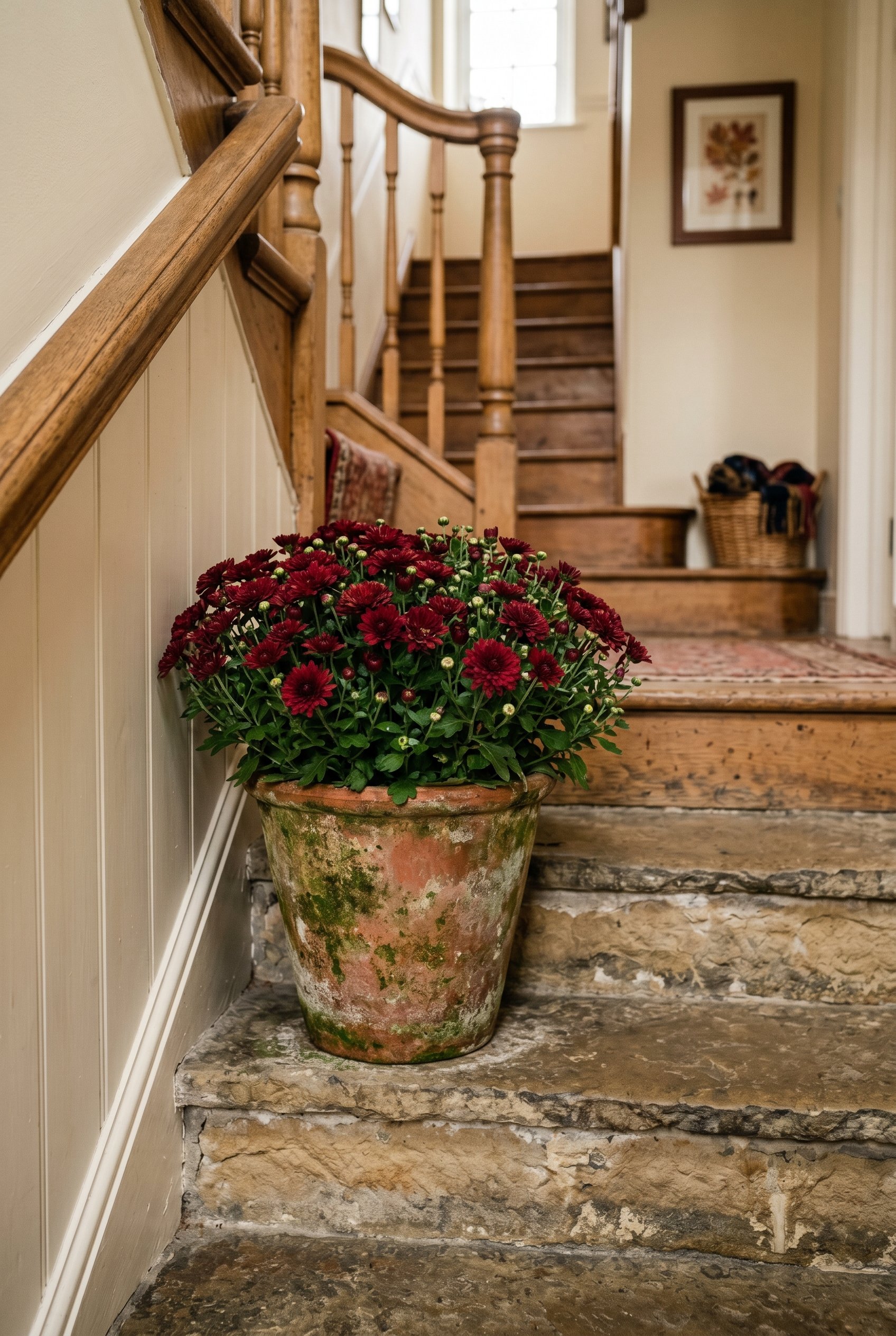 Photorealistic interior photo. Weathered, mossy terra cotta planter filled with blooming deep red fall mums, sitting on stone steps, overcast natural outdoor lighting, slightly elevated camera angle. 