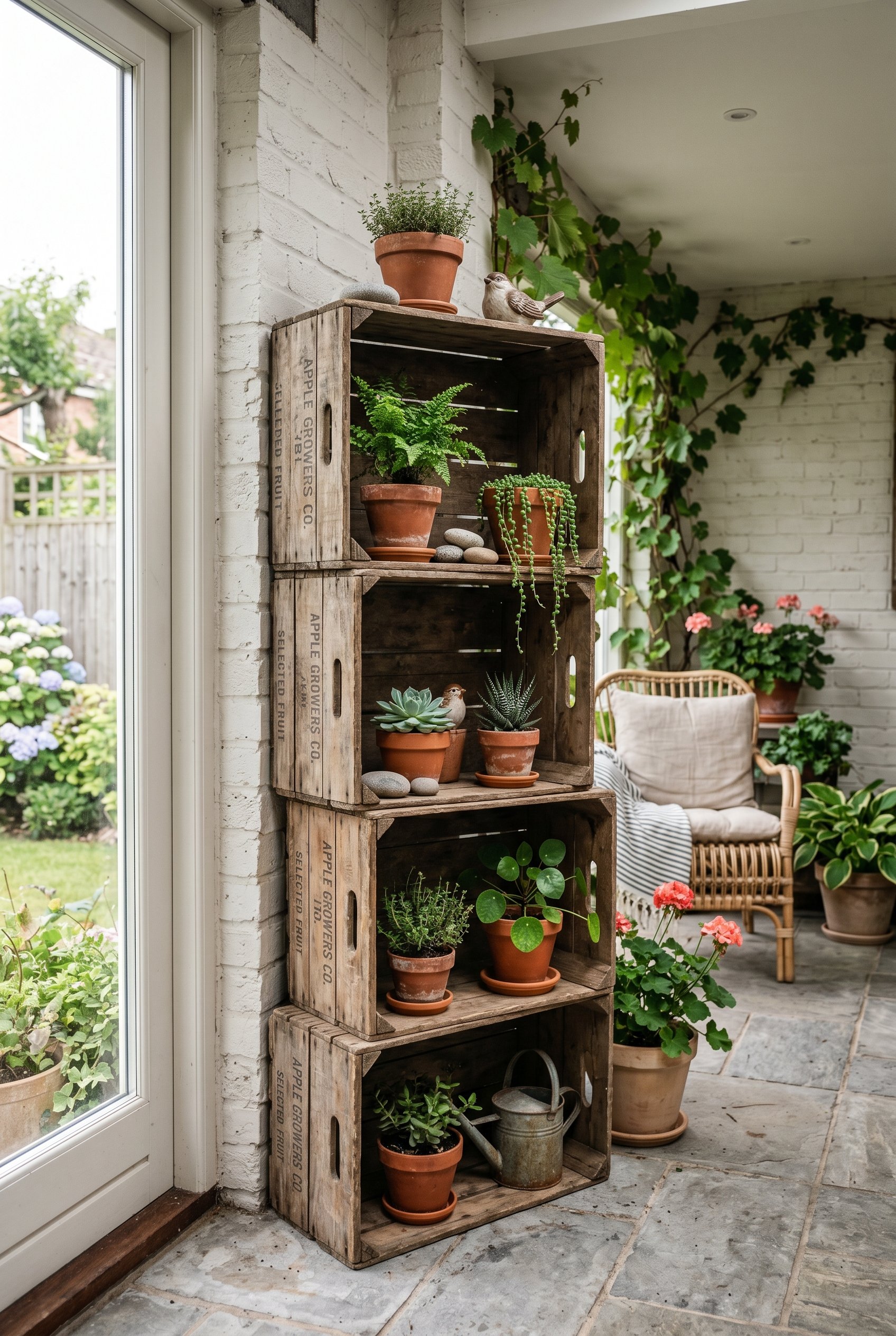 Photorealistic interior photo. Weathered wooden apple crates stacked vertically on a patio, used as rustic shelving with small potted plants, natural light. Editorial photography style, no people visi