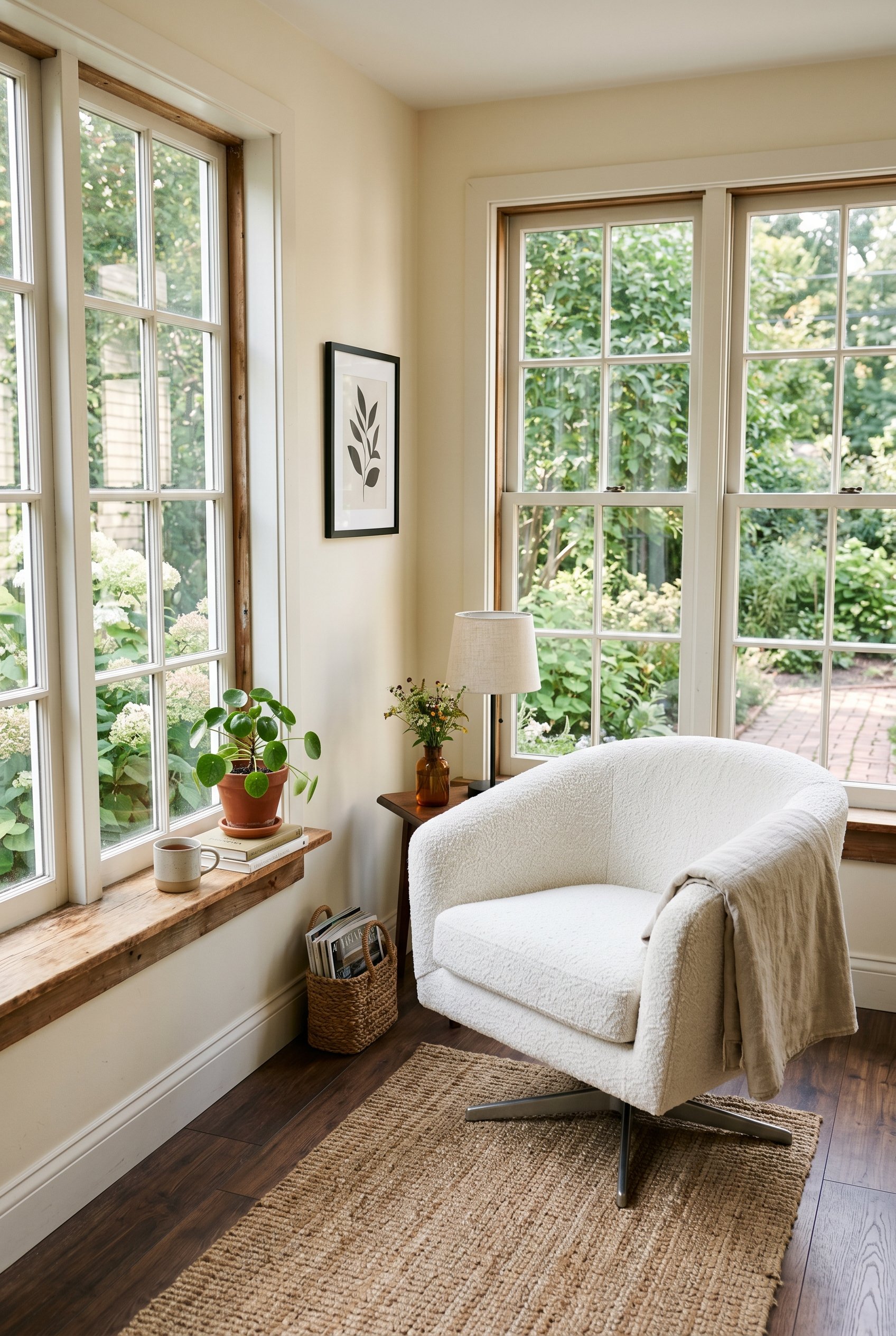 Photorealistic interior photo. White boucle fabric swivel chair sitting in the corner of a sunroom, minimal styling, bright natural light. Editorial photography style, no people visible.