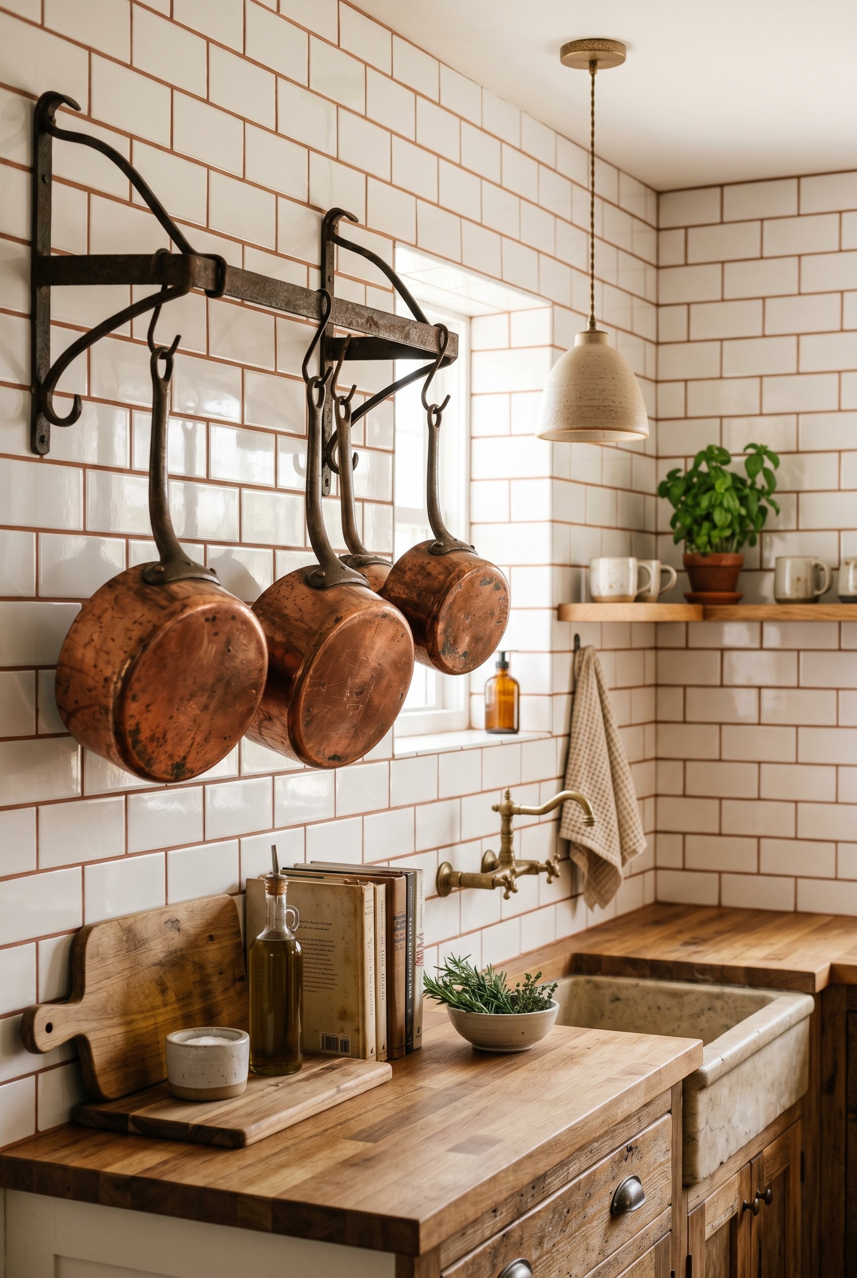 Photorealistic interior photo. White ceramic subway tiles installed with warm terracotta colored grout. Vintage copper pots hanging in the foreground, earthy and warm lighting. Editorial photography s