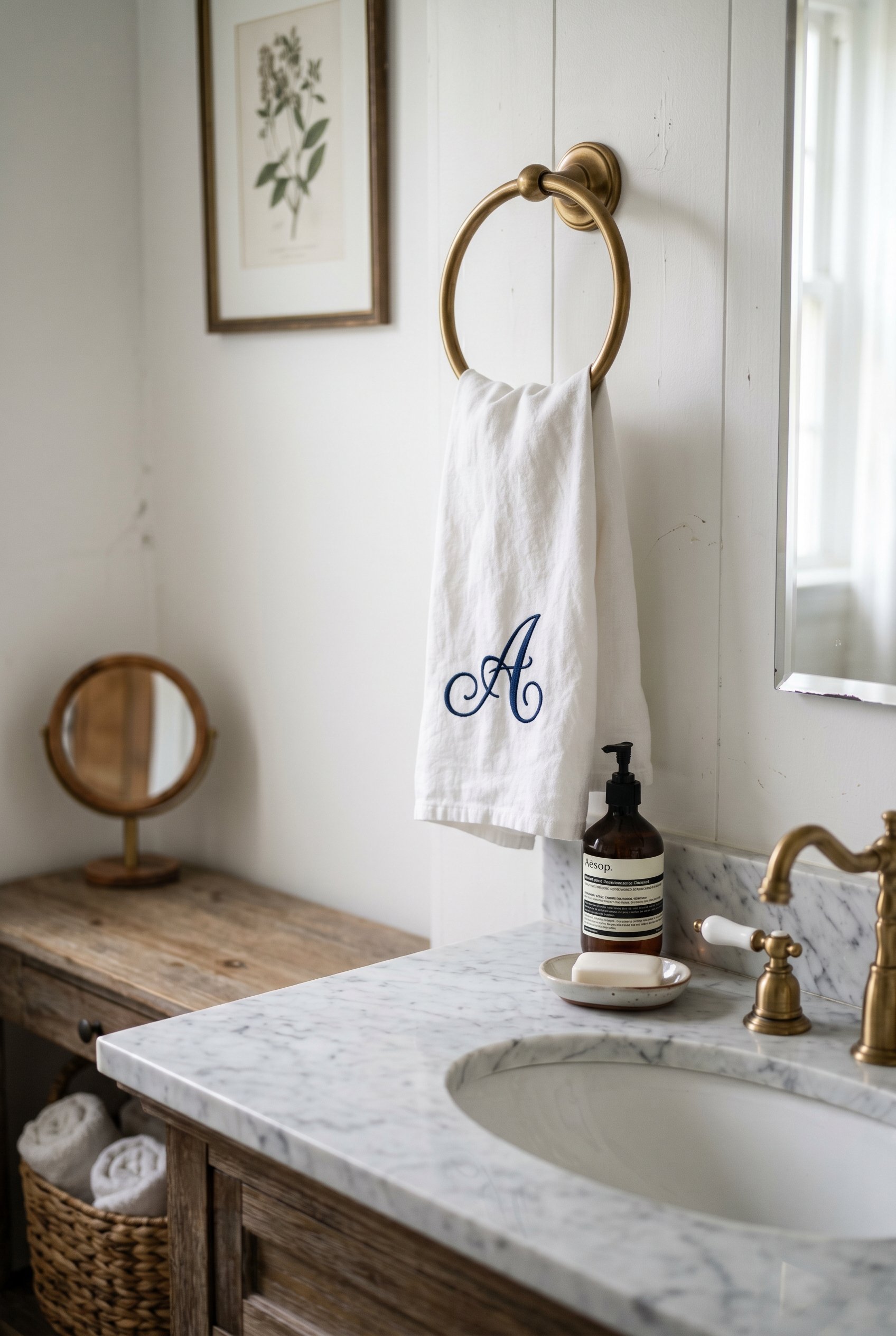 Photorealistic interior photo. White linen hand towel with a classic navy blue monogram hanging over a marble powder room sink, bright lighting, close-up angle. Editorial photography style, no people