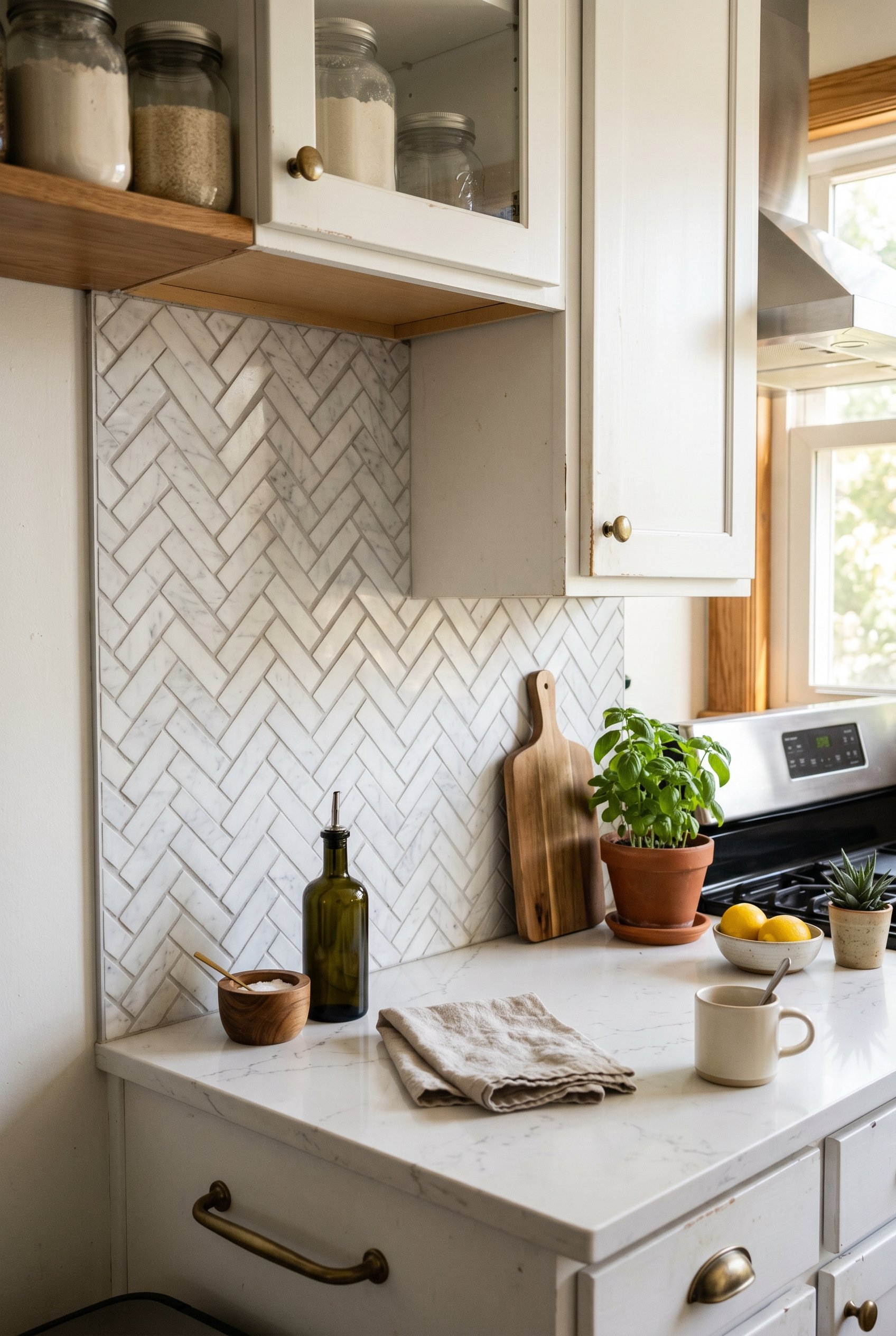 Photorealistic interior photo. White marble herringbone tile backsplash, soft silver greige grout, white kitchen cabinets, bright morning sunlight. Editorial photography style, close up angle, no peop