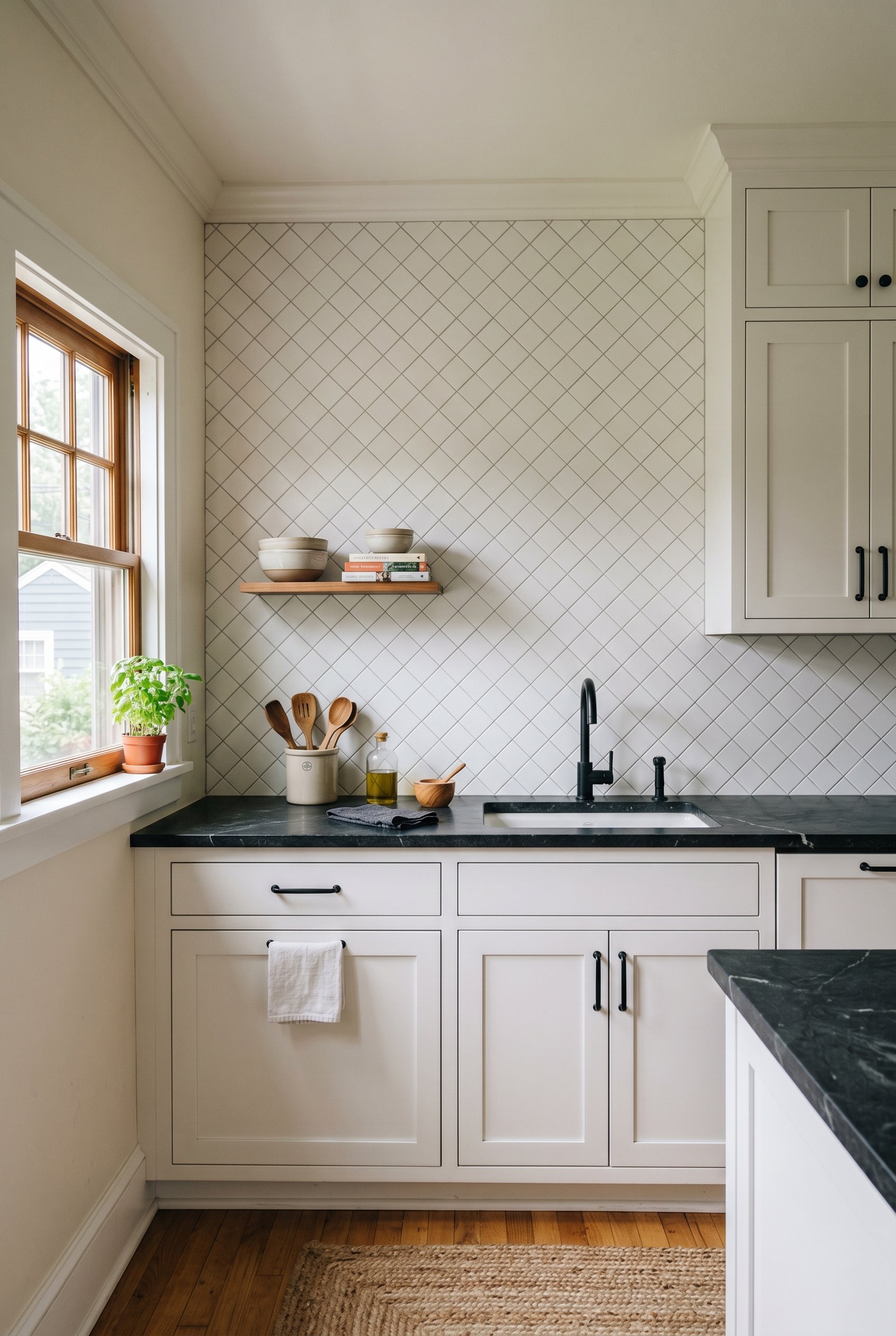 Photorealistic interior photo. White subway tiles laid in a 45-degree diagonal stack, white kitchen cabinets, honed black soapstone countertop, soft natural light. Editorial photography style, straigh