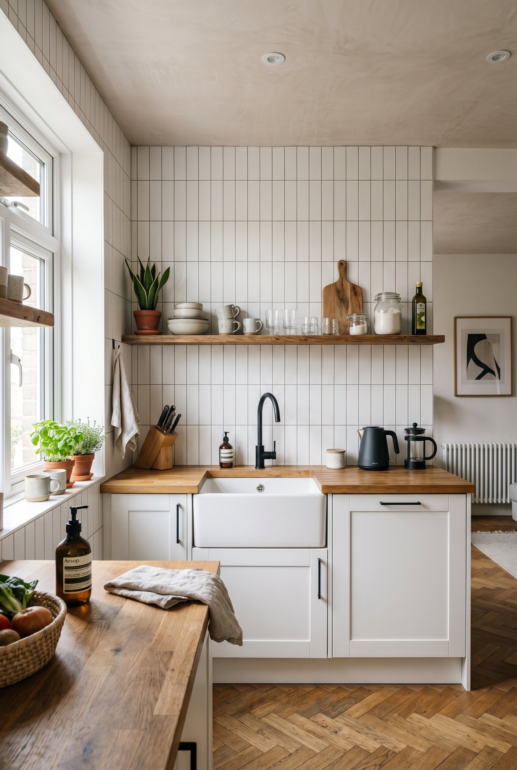 Photorealistic interior photo. White subway tiles stacked vertically in straight columns, reaching up to the ceiling. Modern minimal kitchen, matte black faucet, bright daylight. Editorial photography