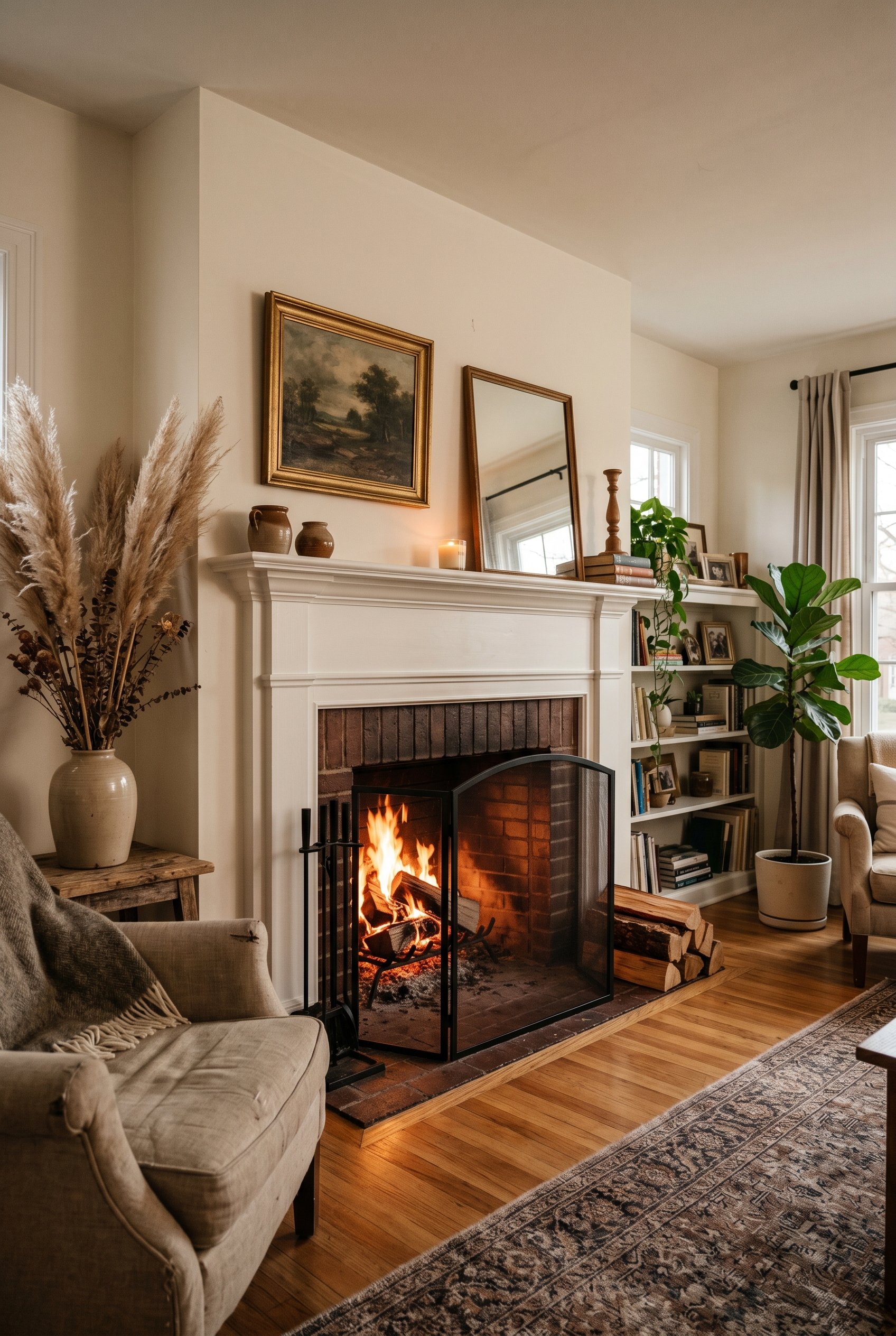 Photorealistic interior photo. Wide shot of a burning fireplace with a white mantel. Dried pampas grass in a vase pushed far to the extreme left edge, safely away from the firebox. Soft evening lighti