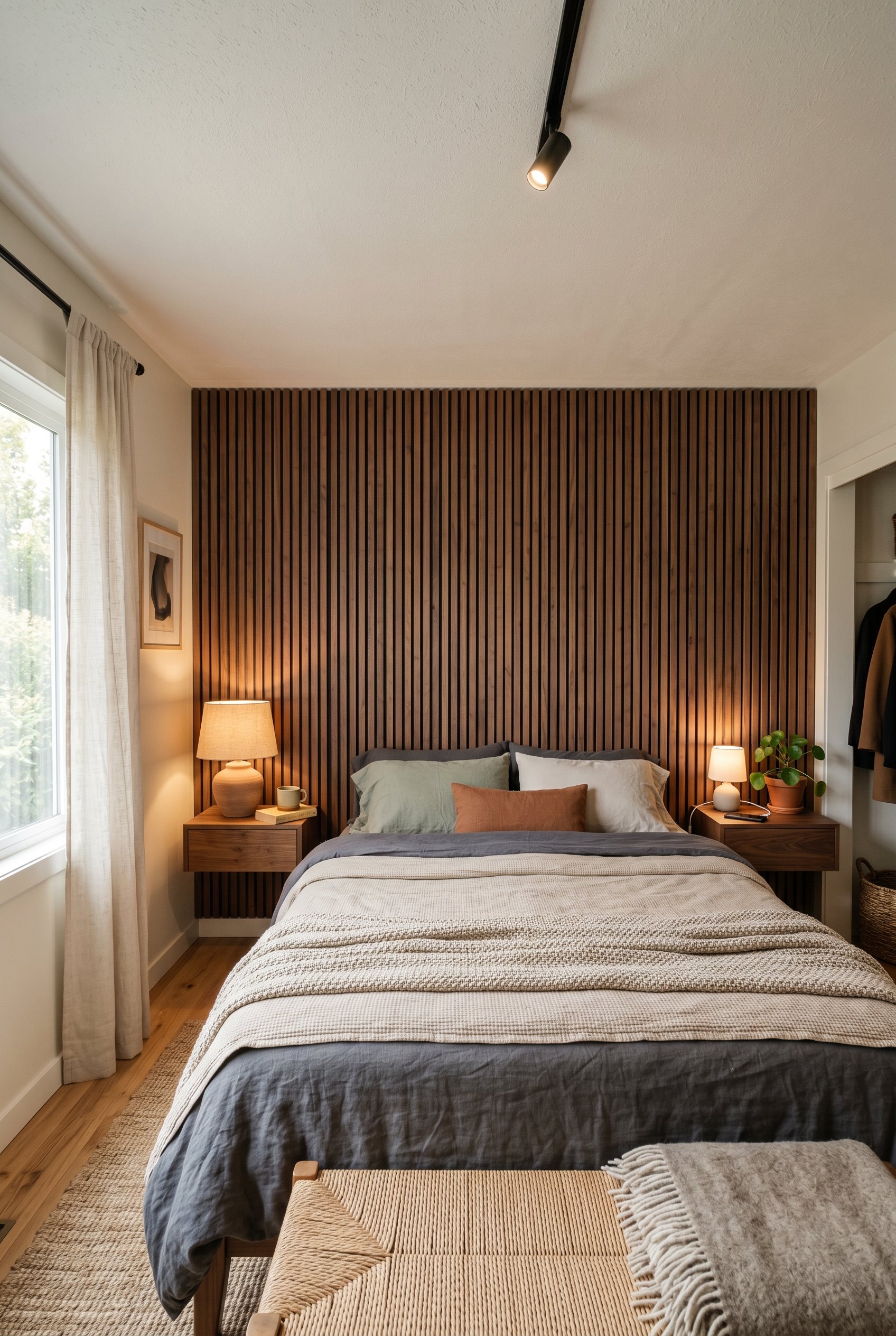 Photorealistic interior photo. Wide shot of a guest bedroom featuring a massive wall-to-wall slatted walnut wood headboard. Floating nightstands attached to the wood paneling. Modern boutique hotel st