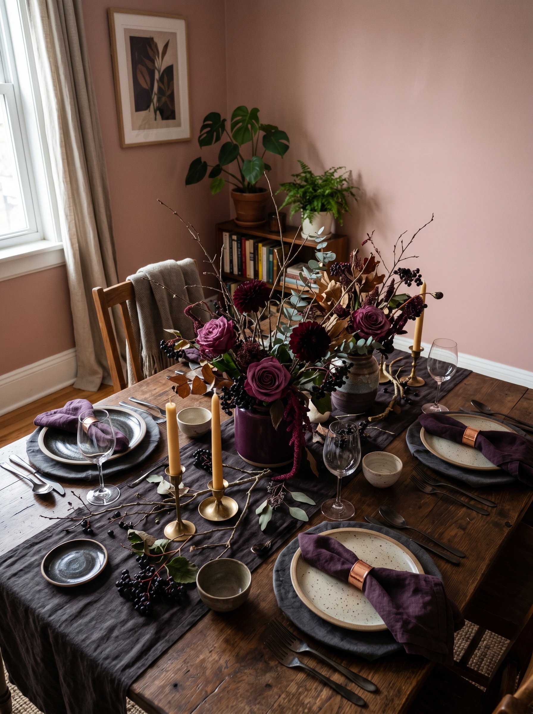 Photorealistic interior photo. Winter dining table setting with deep plum and burgundy centerpieces, dark berries, dried branches against a dusty rose wall backdrop, moody shadows, top-down angled cam