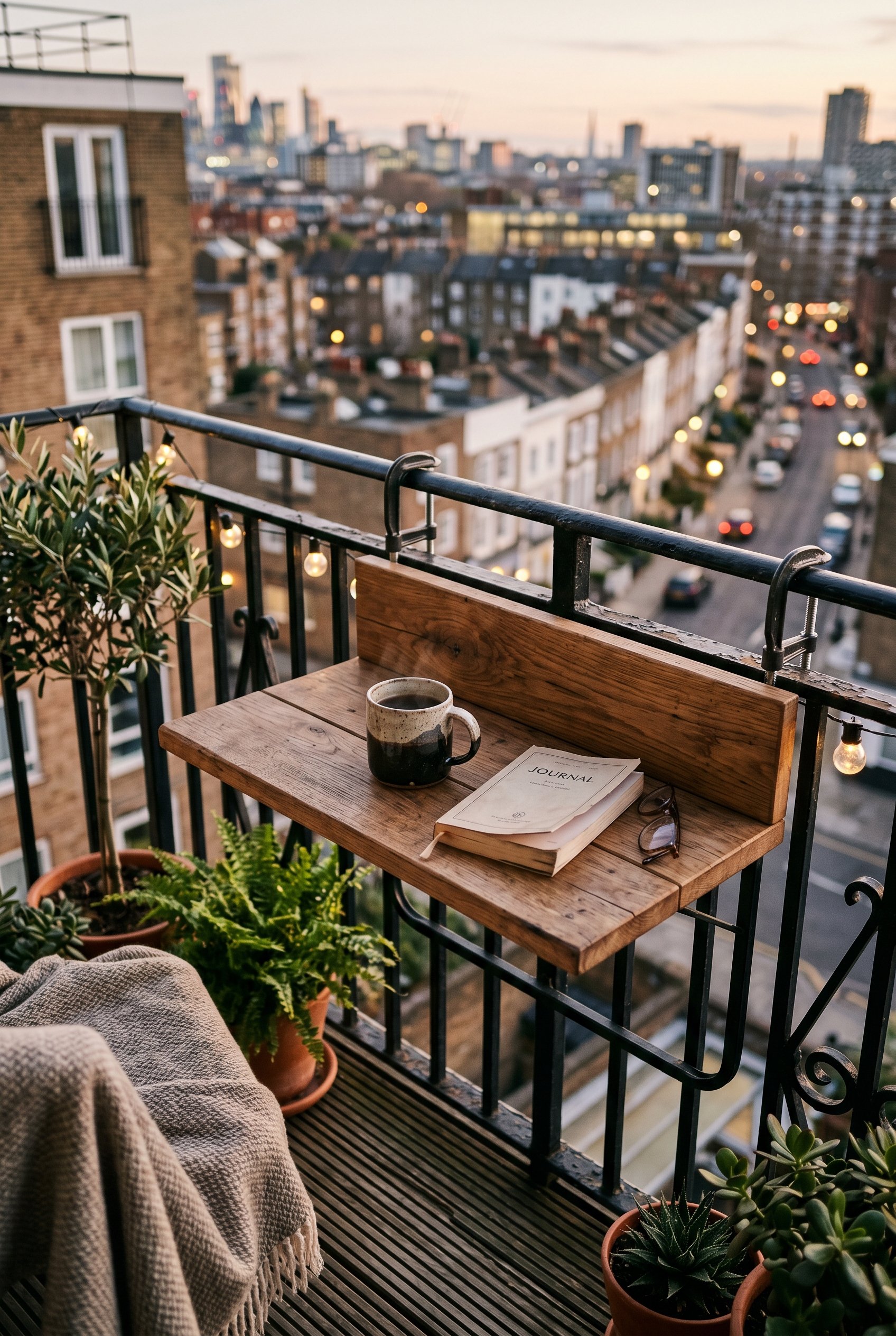 Photorealistic interior photo. Wooden Balkonbar half-table clamped to a black metal railing, holding a ceramic coffee mug and a small book, cityscape background. Editorial photography style, no people