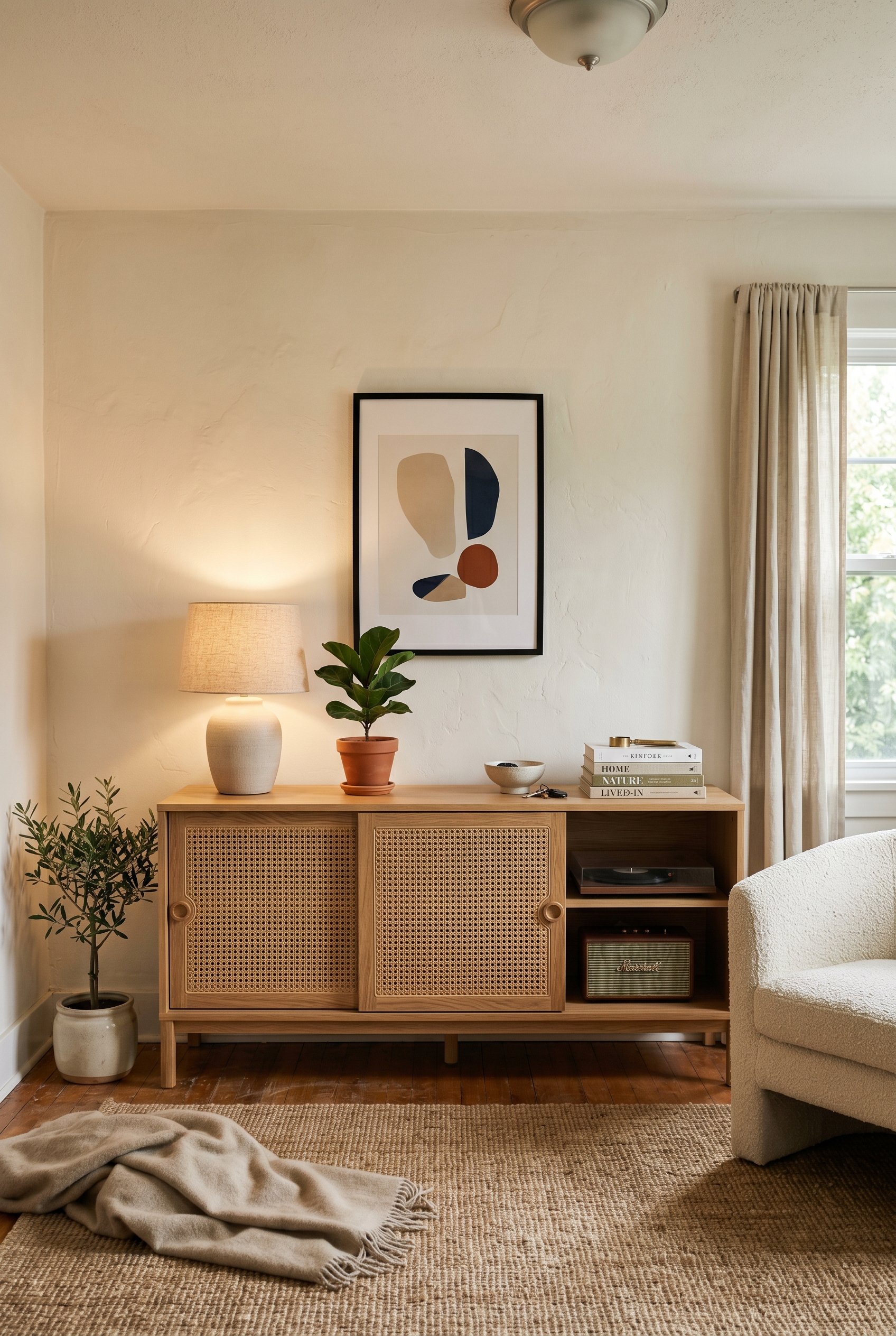Photorealistic interior photo. Woven cane-front media console against a plaster wall, no visible wires, soft ambient lamp light, straight-on camera angle. Editorial photography style, no people visibl
