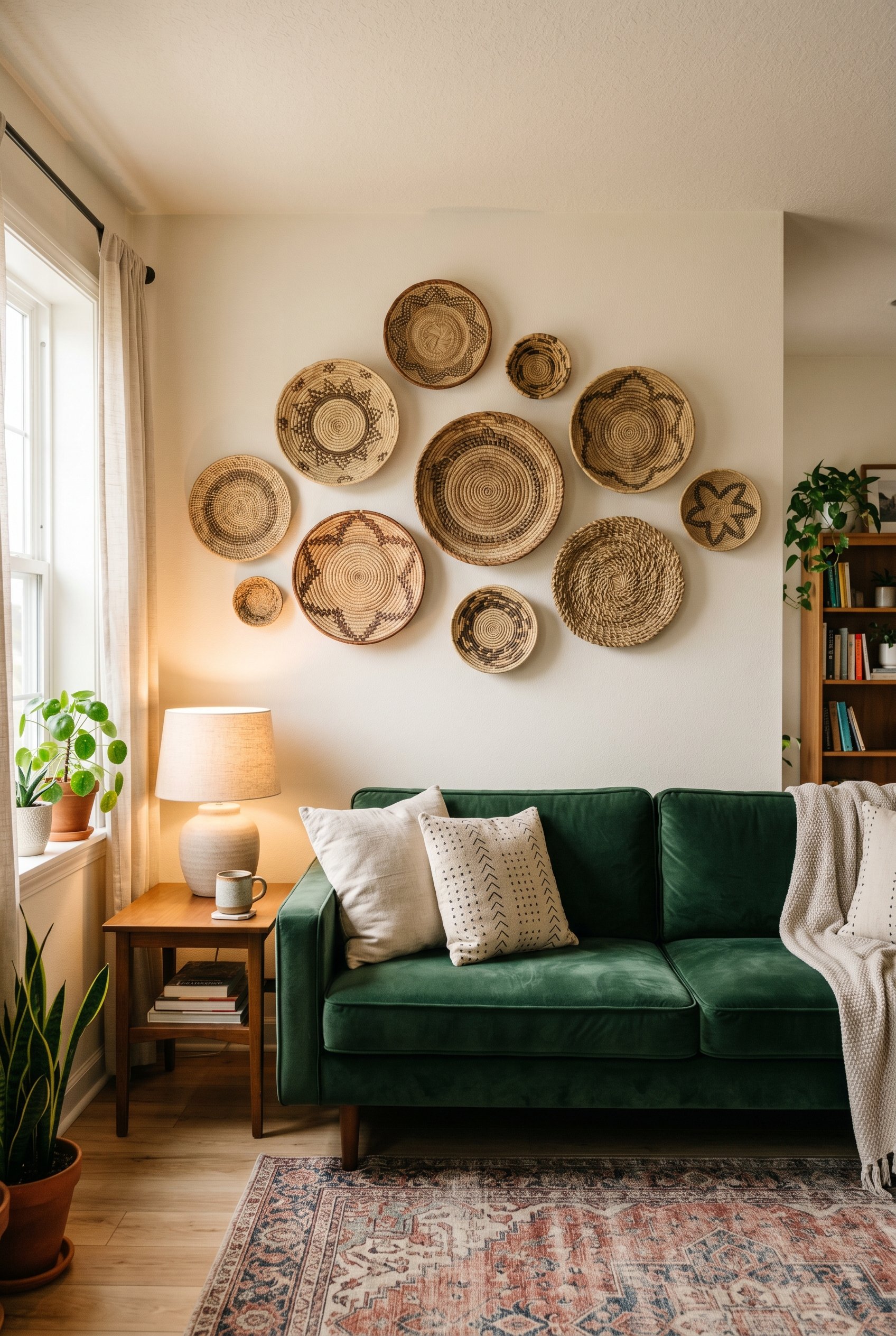 Photorealistic interior photo. Woven sweetgrass baskets arranged as wall art above a sleek modern velvet sofa, warm lighting, straight-on camera angle. Editorial photography style, no people visible.