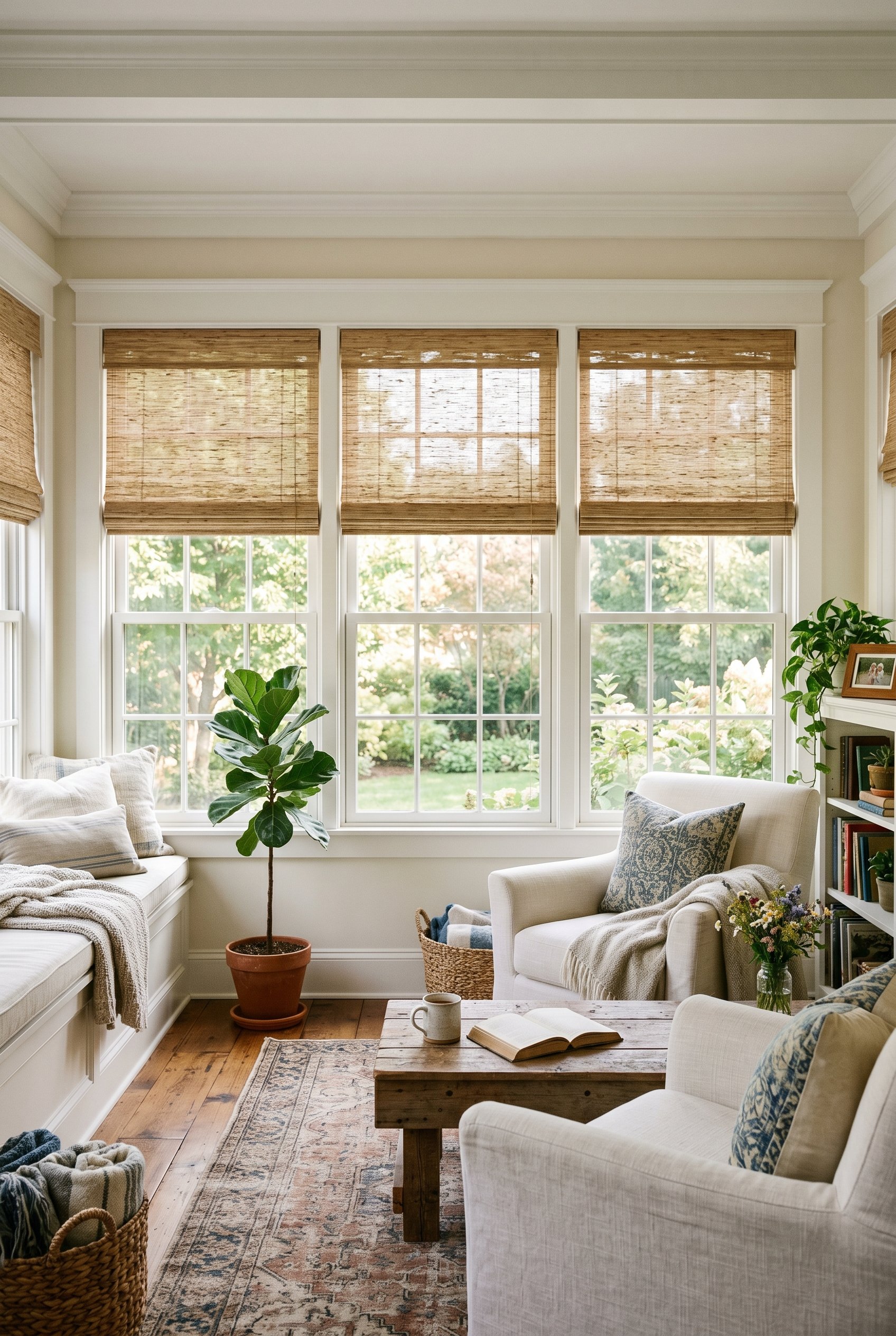 Photorealistic interior photo. Woven wood Roman shades partially lowered on large sunroom windows, crisp white trim, bright morning light. Editorial photography style, no people visible.