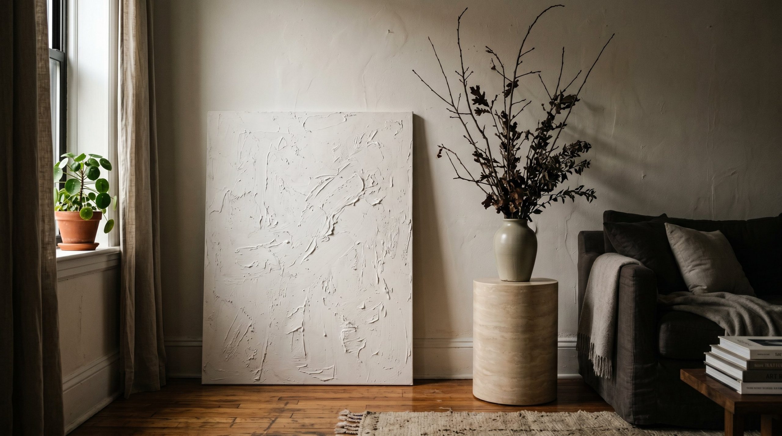 Photorealistic interior photography. A highly-textured, oversized white plaster canvas leaning against a clean wall, next to a sleek cylindrical side table painted in faux beige travertine. A vintage