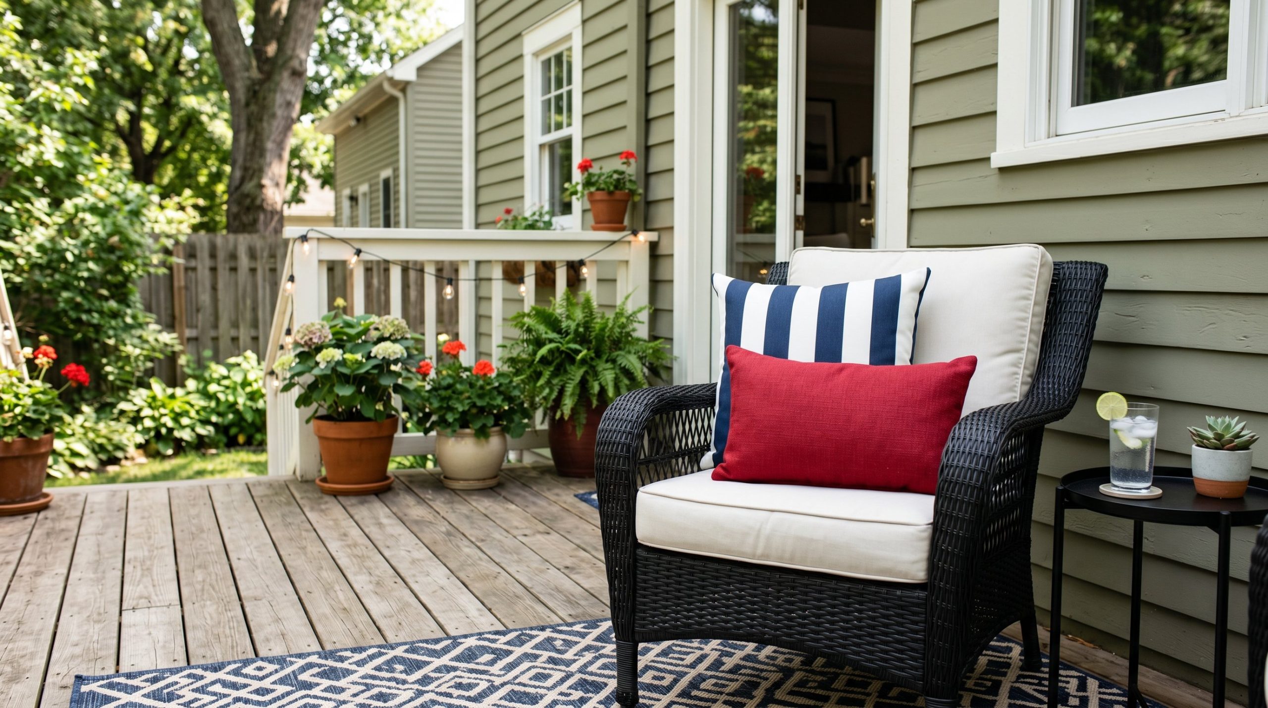 Photorealistic exterior photo. A black wicker outdoor chair with a navy blue and white cabana striped Sunbrella outdoor pillow, layered with a solid cherry-red lumbar pillow. Editorial photography sty