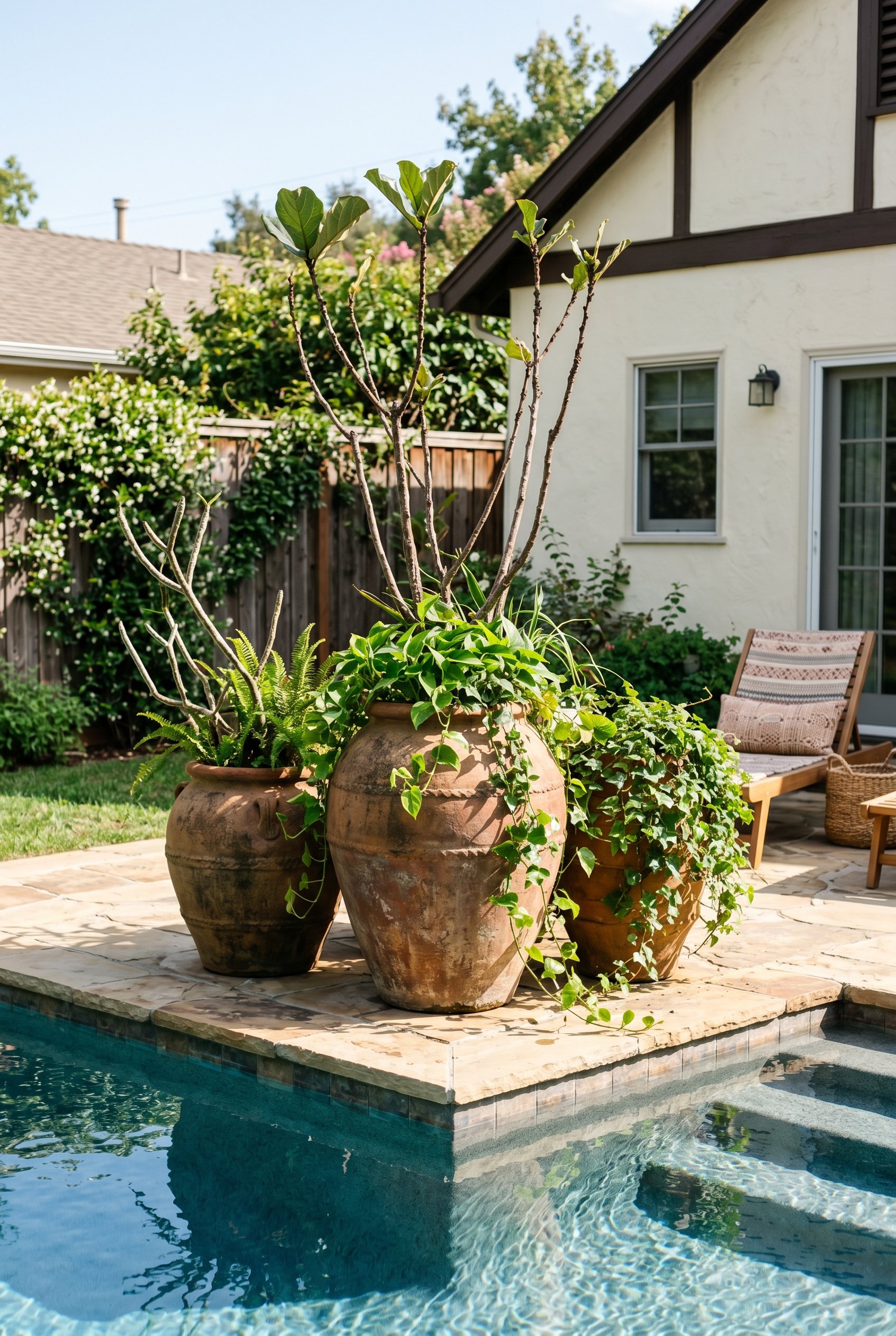 Photorealistic exterior photo. A cluster of three massive, heavily textured terracotta planters filled with architectural branches and trailing vines, sitting on the corner of a pool deck. Sunny dayli