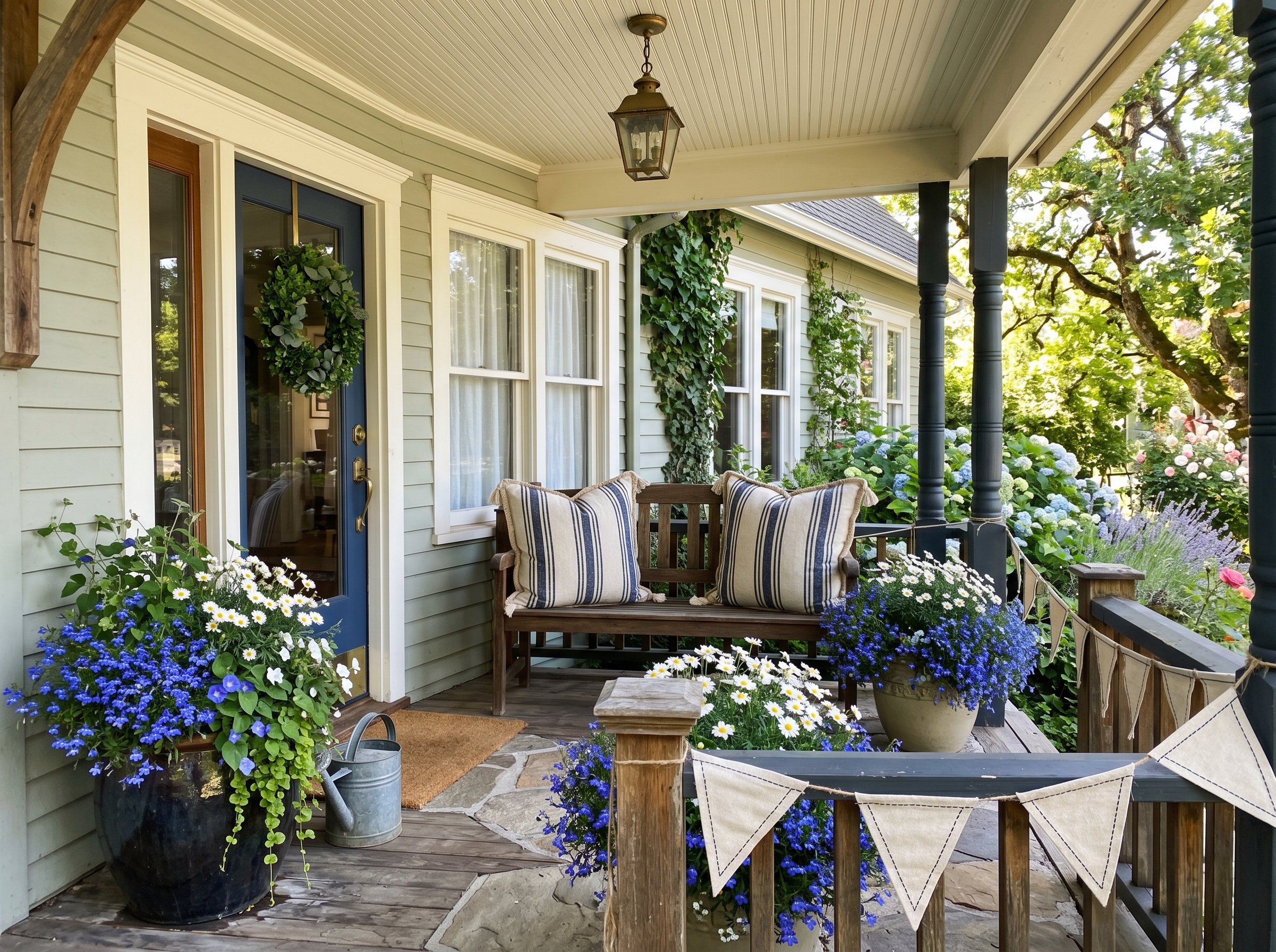 Photorealistic exterior photo. A highly styled front porch with two oversized striped pillows on a wooden bench, heavy stitched canvas bunting on the railing, and large pots of blue lobelia and white 