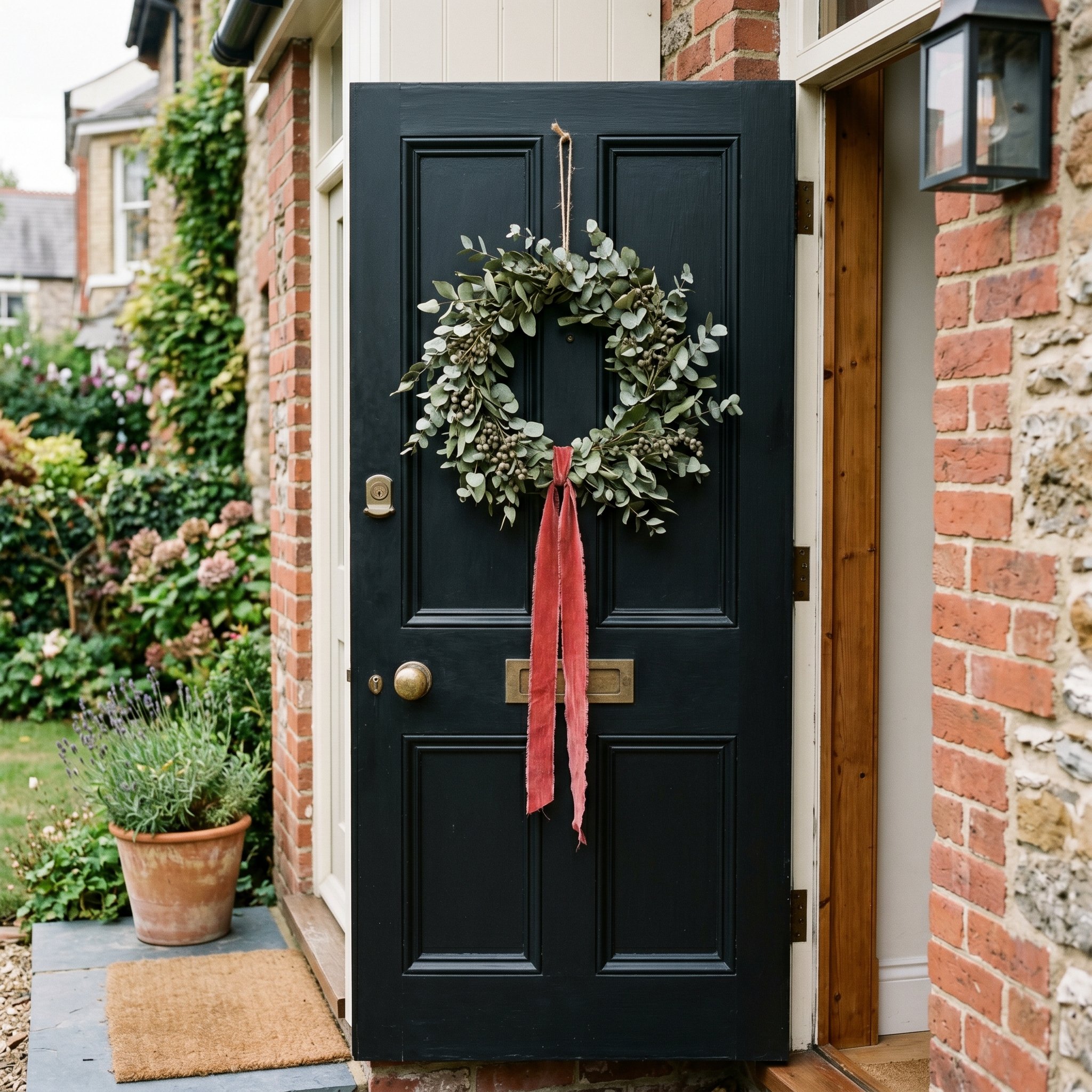 Photorealistic exterior photo. A minimalist wreath made of dried green eucalyptus branches, hanging on a black front door. A single faded, raw-edge red velvet ribbon hangs from the bottom center. Edit