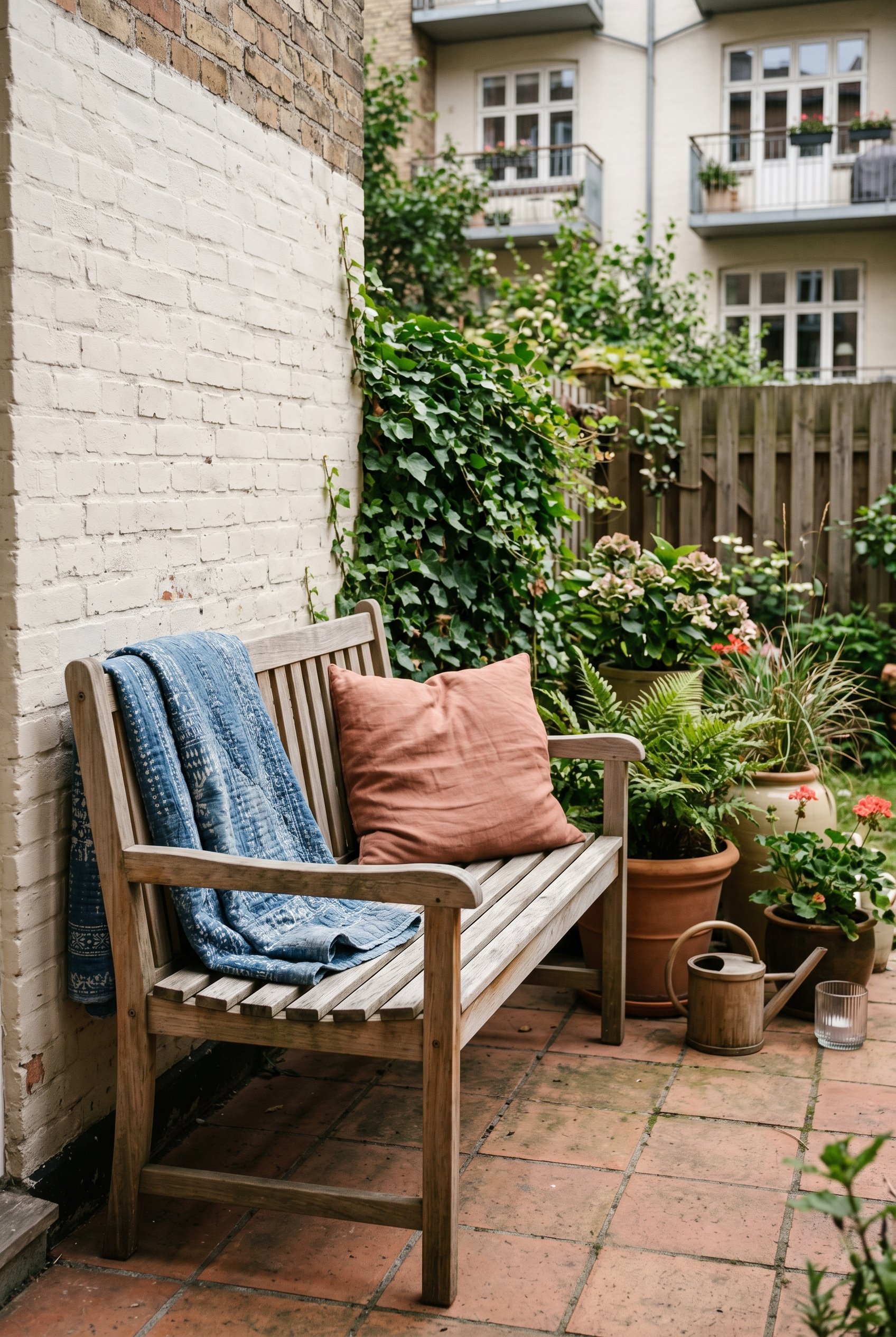 Photorealistic exterior photo. A modern teak outdoor bench with a faded, block-printed indigo blue quilt draped over the armrest. A muted terracotta-colored pillow sits on the seat. Scandinavian minim