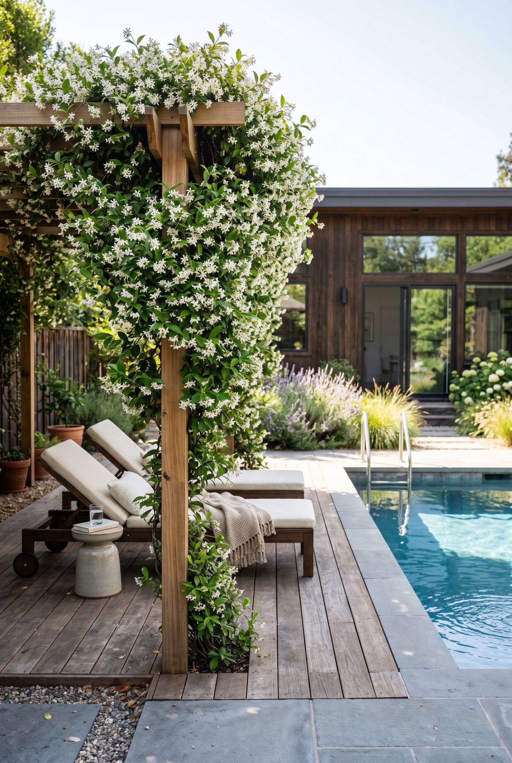 Photorealistic exterior photo. A modern wooden trellis covered in dense, blooming star jasmine vines next to a sleek pool deck. White flowers, lush green leaves, bright crisp daylight. Editorial photo