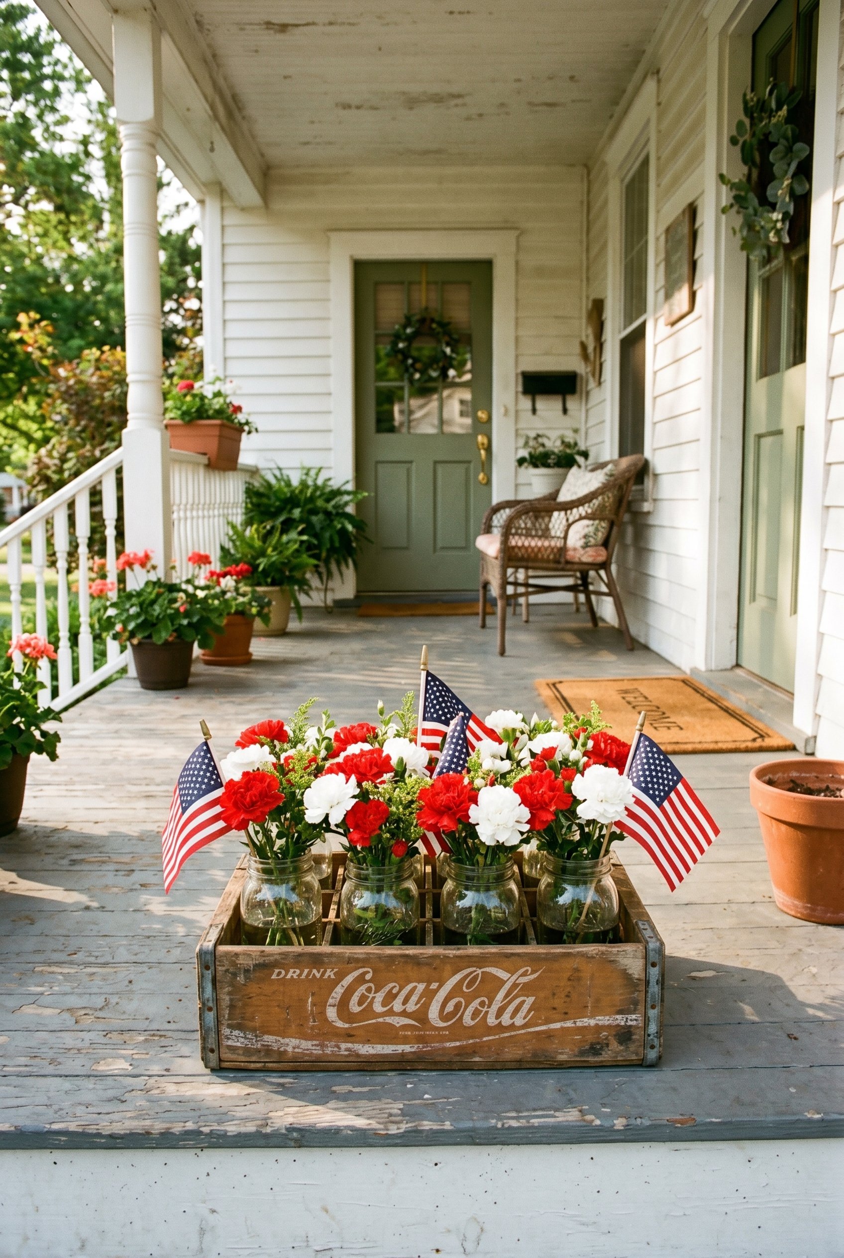Photorealistic exterior photo. A rustic vintage wooden soda crate sitting on a porch floor, filled with simple red and white carnations in clear mason jars, with a few small stick flags tucked in. Edi