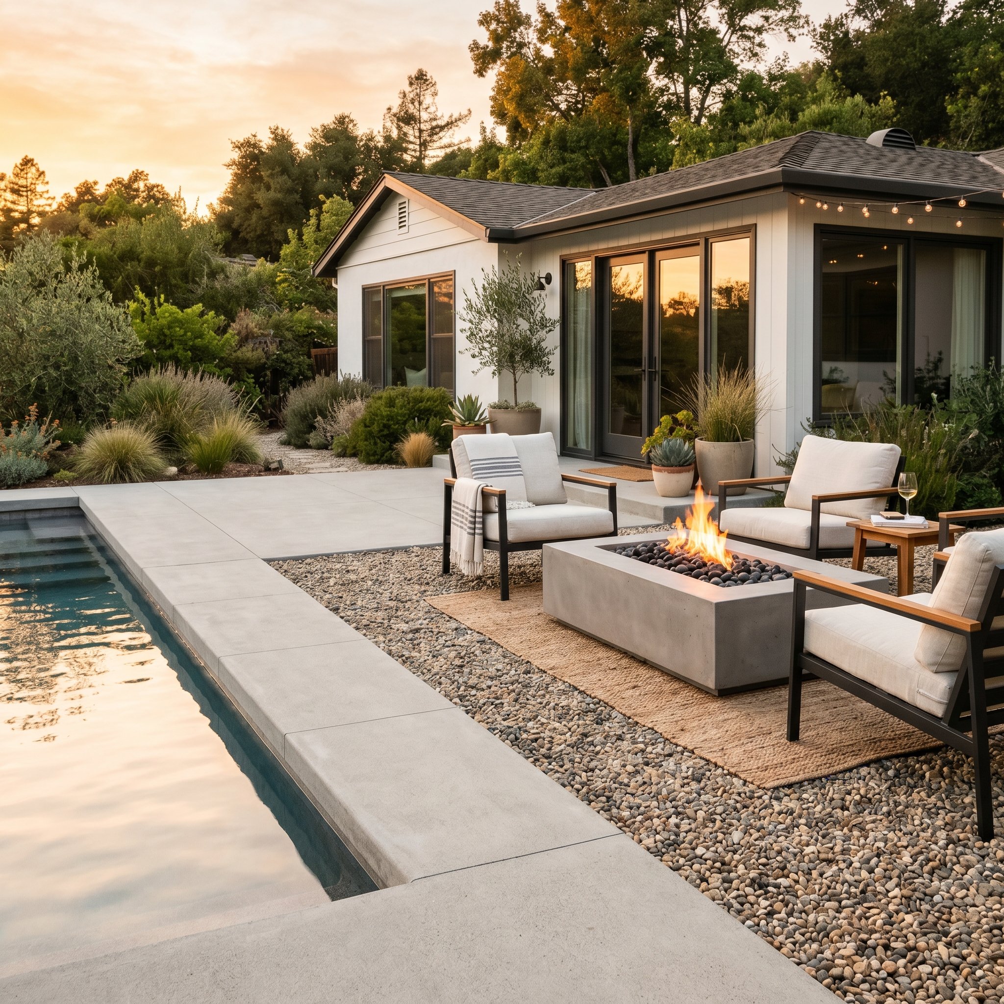 Photorealistic exterior photo. A seamless transition from a poured concrete pool deck to a textured pea gravel lounge area with a sleek modern fire pit. Sunset lighting, warm tones. Editorial photogra