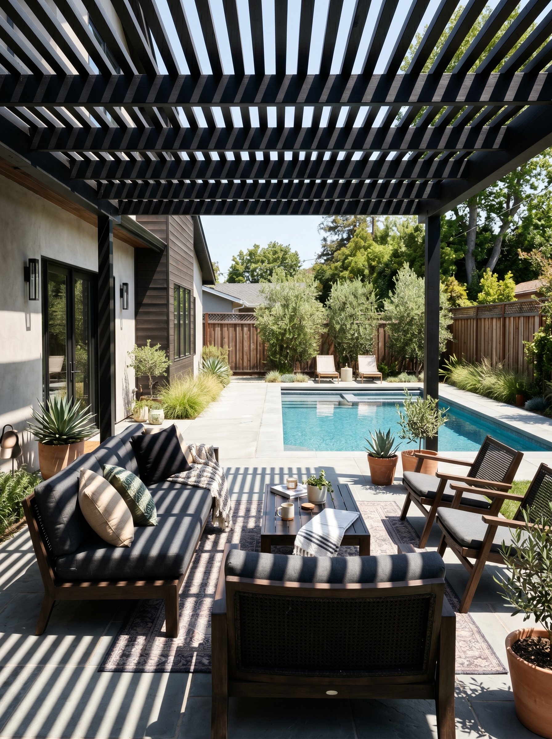 Photorealistic exterior photo. A sleek, matte black slatted wood pergola over a modern outdoor lounge area next to a swimming pool. Dark modern furniture underneath. Bright sunny lighting with strong 