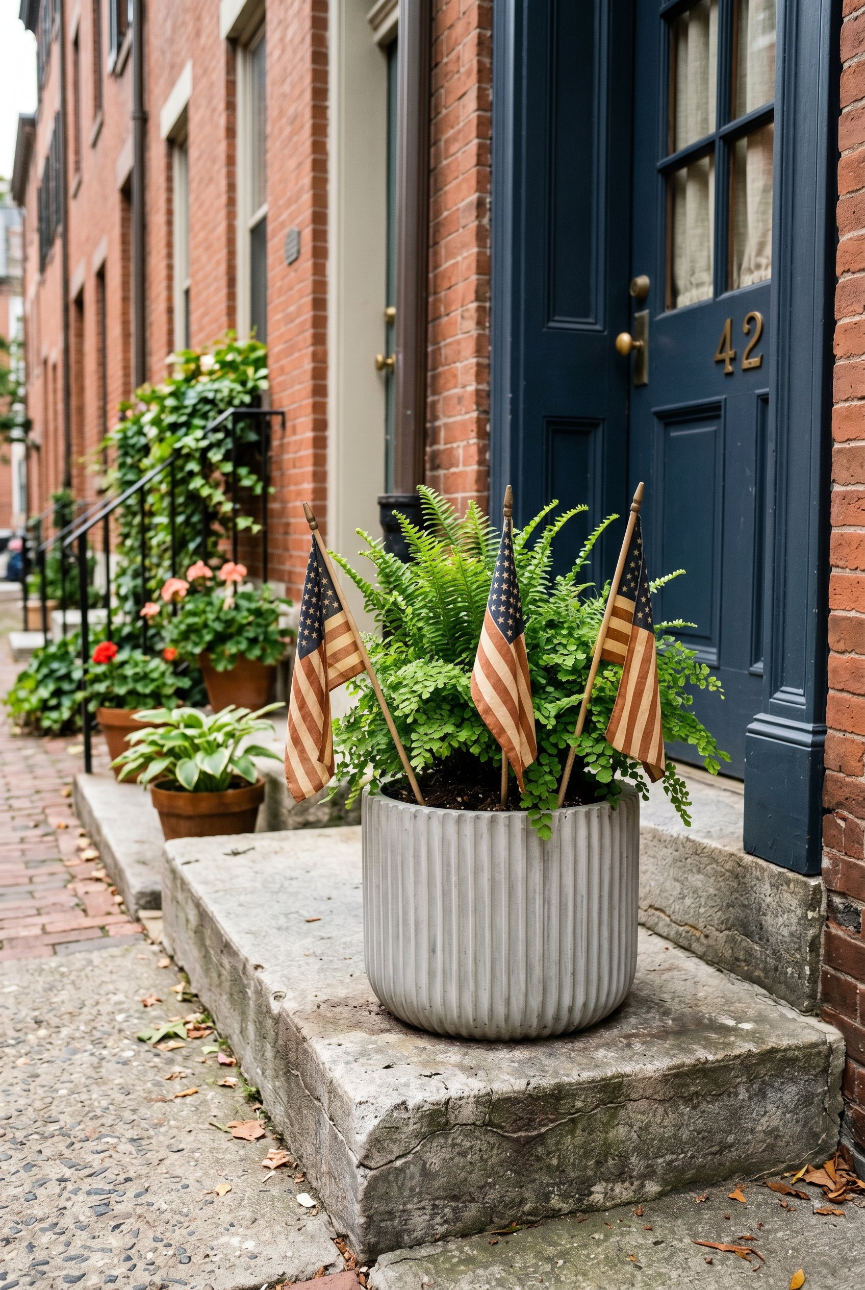 Photorealistic exterior photo. A sleek modern fluted concrete planter filled with green ferns, with three small tea-stained vintage American stick flags tucked into the soil. Sitting on a concrete cit