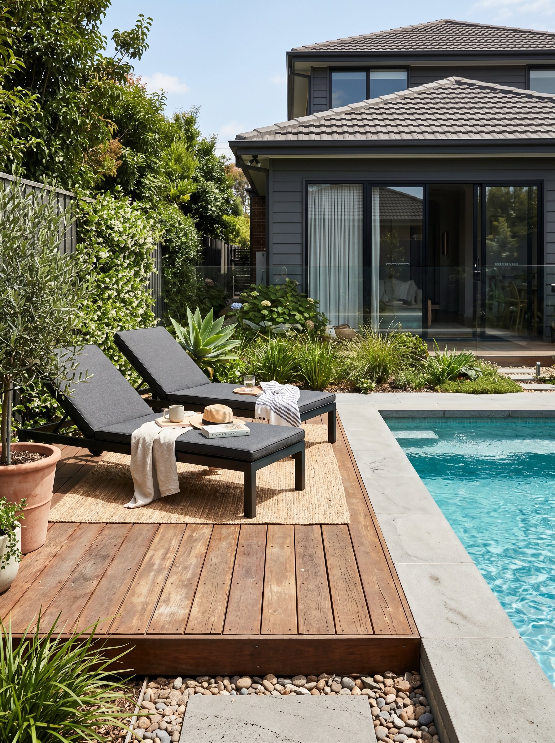 Photorealistic exterior photo. A slightly raised wooden deck made of rich, warm Ipe wood adjacent to a sleek concrete pool edge. Two minimalist black sun loungers sitting on the wood. Bright midday su