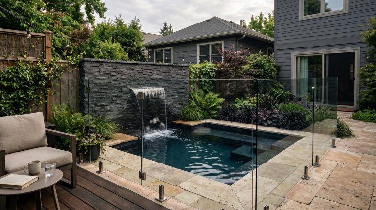 Photorealistic exterior photo. A stunning, compact backyard spool with dark midnight plaster, frameless glass fencing, and oversized travertine coping. A sheer descent waterfall spills from a dark sto