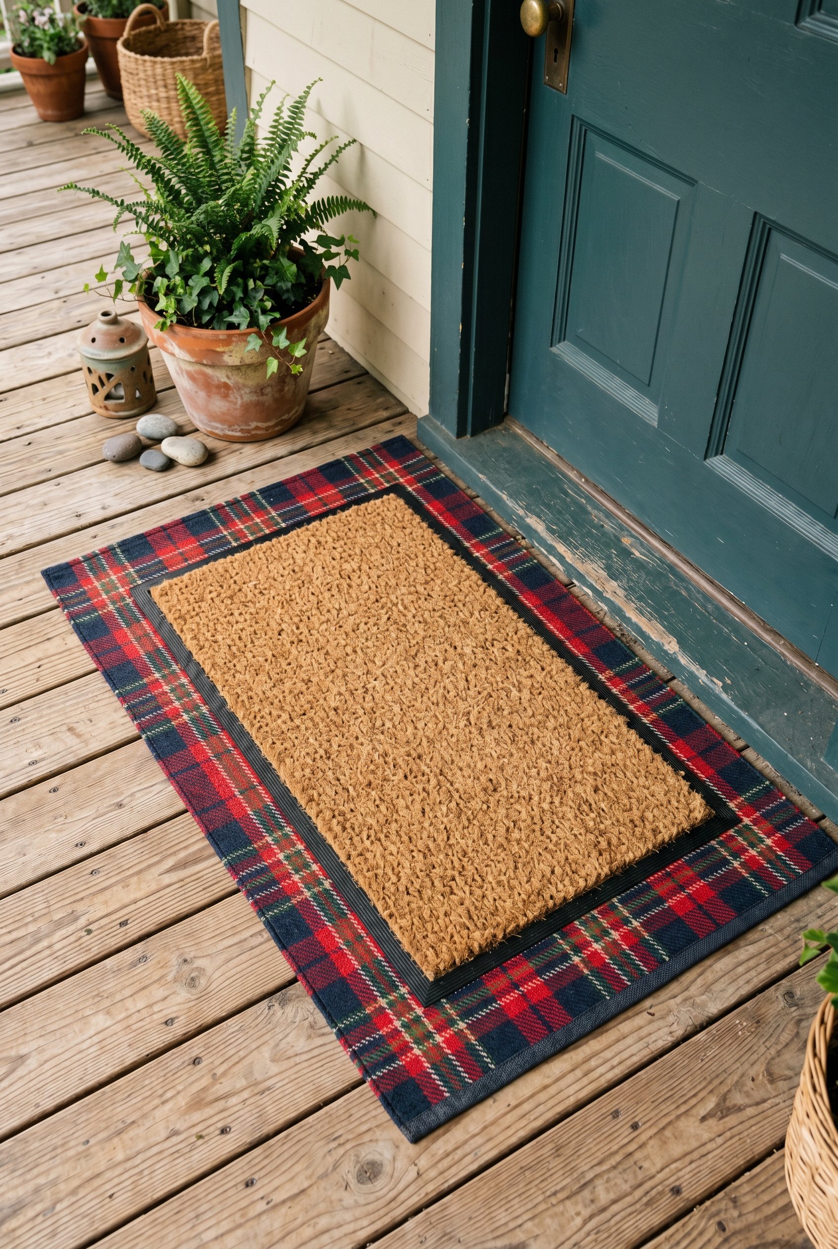 Photorealistic exterior photo. A thick, bristly coir doormat layered directly on top of a flat, heavy rubber-backed red and navy plaid outdoor rug. Placed on a wooden porch deck. Editorial photography