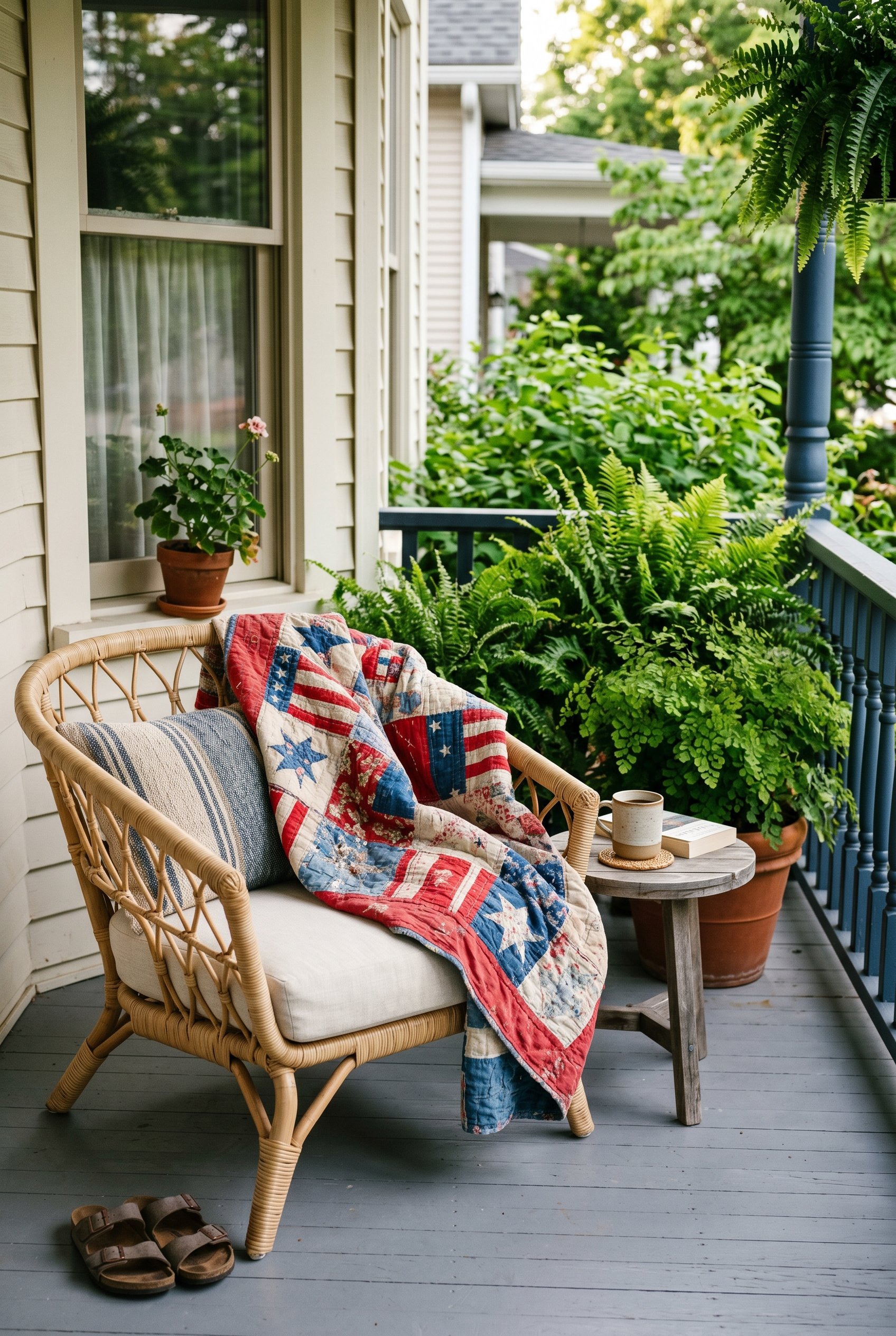Photorealistic exterior photo. A vintage red, white, and blue quilt draped casually over the back of a modern rattan outdoor patio chair on a front porch. Lush green ferns in the background. Editorial