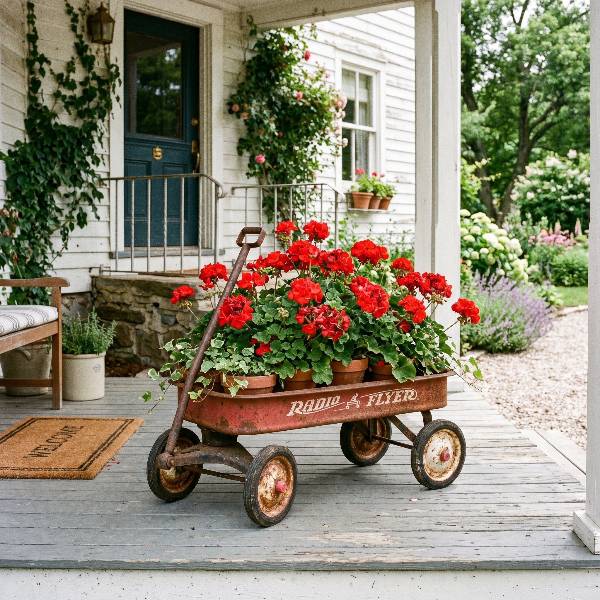 Photorealistic exterior photo. A vintage rusted Radio Flyer red wagon sitting on a wooden porch, completely filled to the brim with potted blooming red geraniums. Farmhouse style, bright daylight. Edi