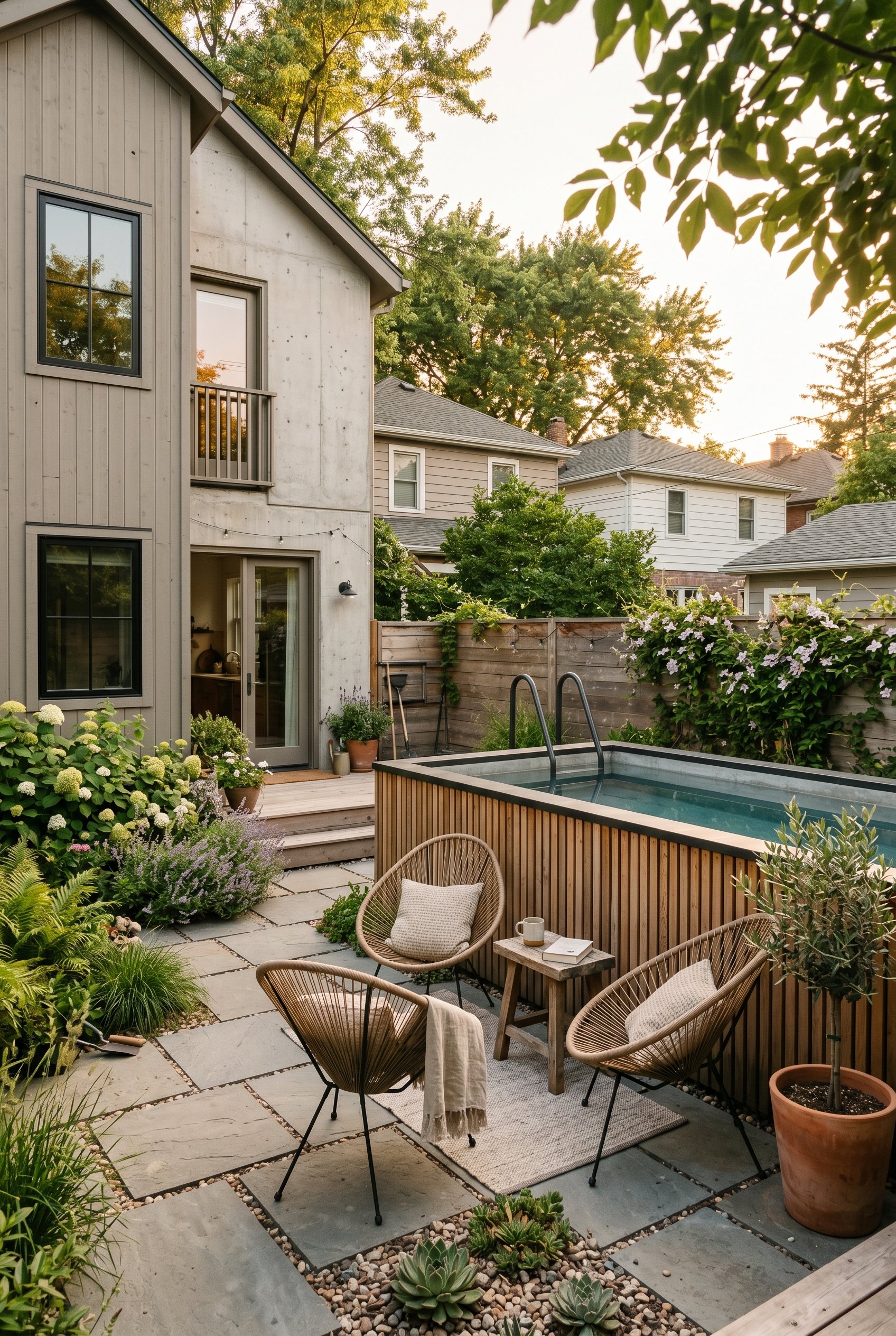 Photorealistic exterior photo. Above-ground pre-cast concrete plunge pool wrapped in vertical cedar slats, small modern patio, golden hour lighting. Editorial photography style, no people visible.