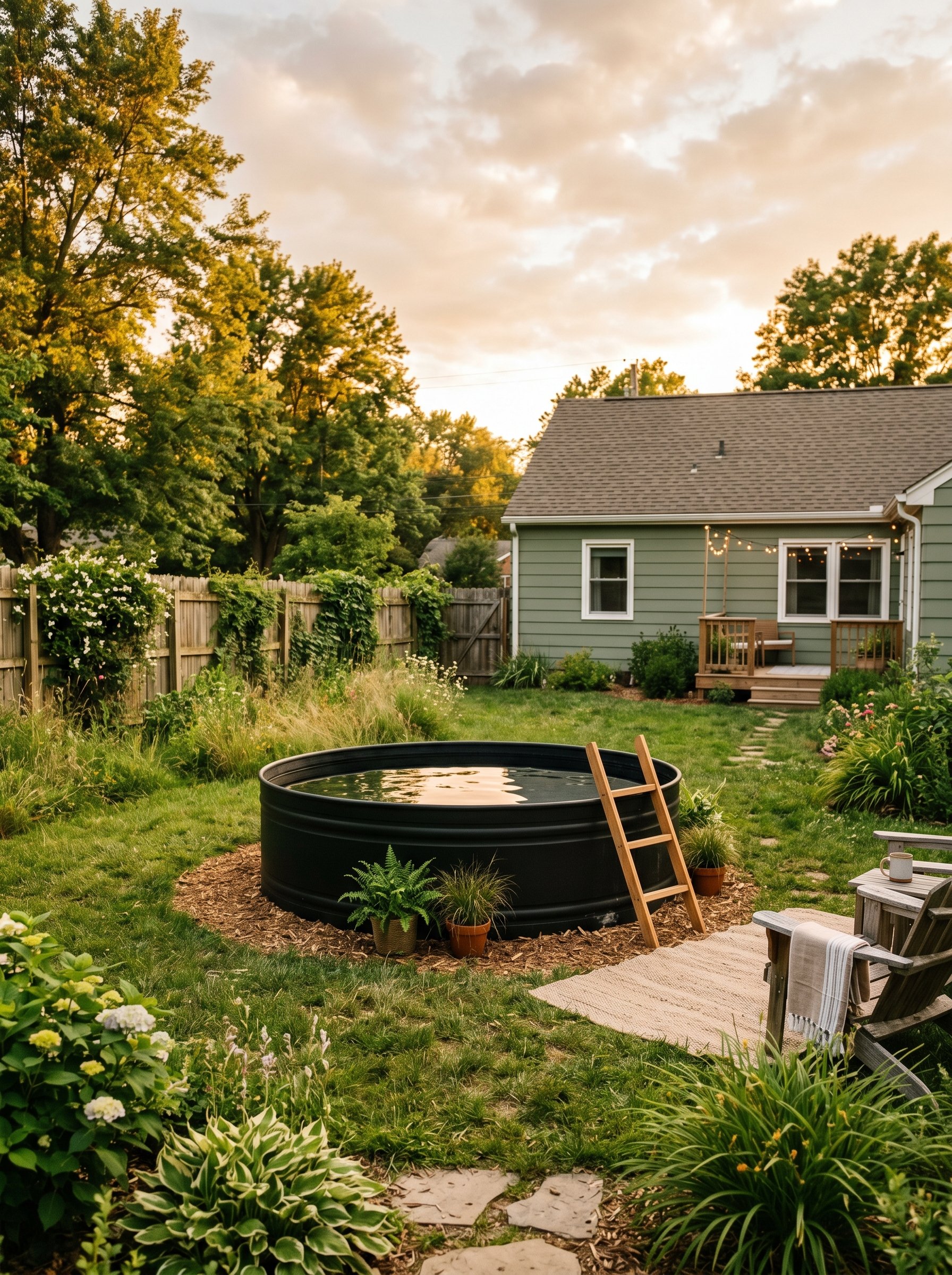 Photorealistic exterior photo. Black painted galvanized steel stock tank pool in a grassy backyard, modern minimal style, golden hour sunlight, eye-level camera angle. Editorial photography style, no