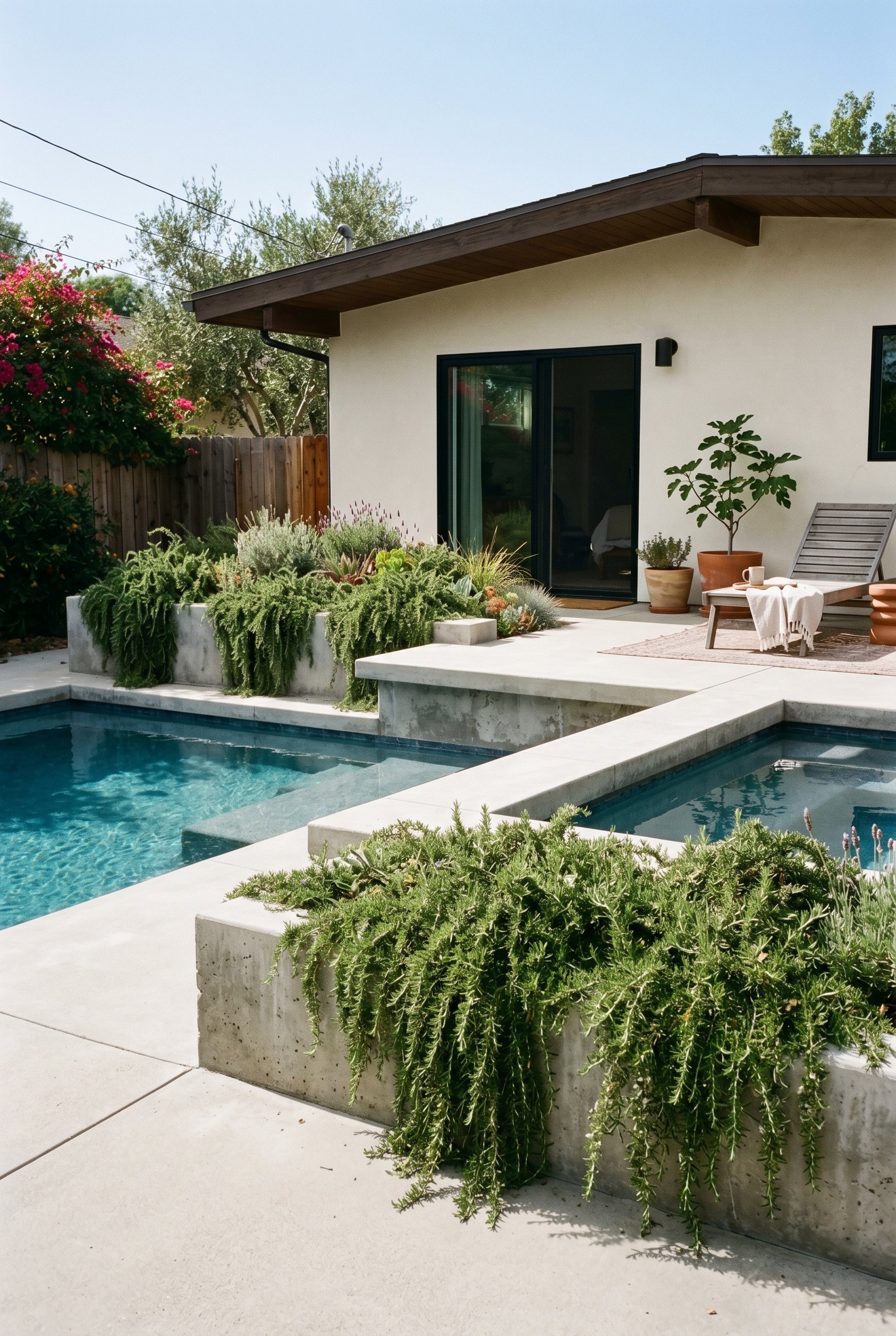 Photorealistic exterior photo. Built-in geometric concrete planters integrated into a smooth concrete pool deck. Trailing rosemary cascading heavily over the sharp concrete edges. Crisp midday lightin