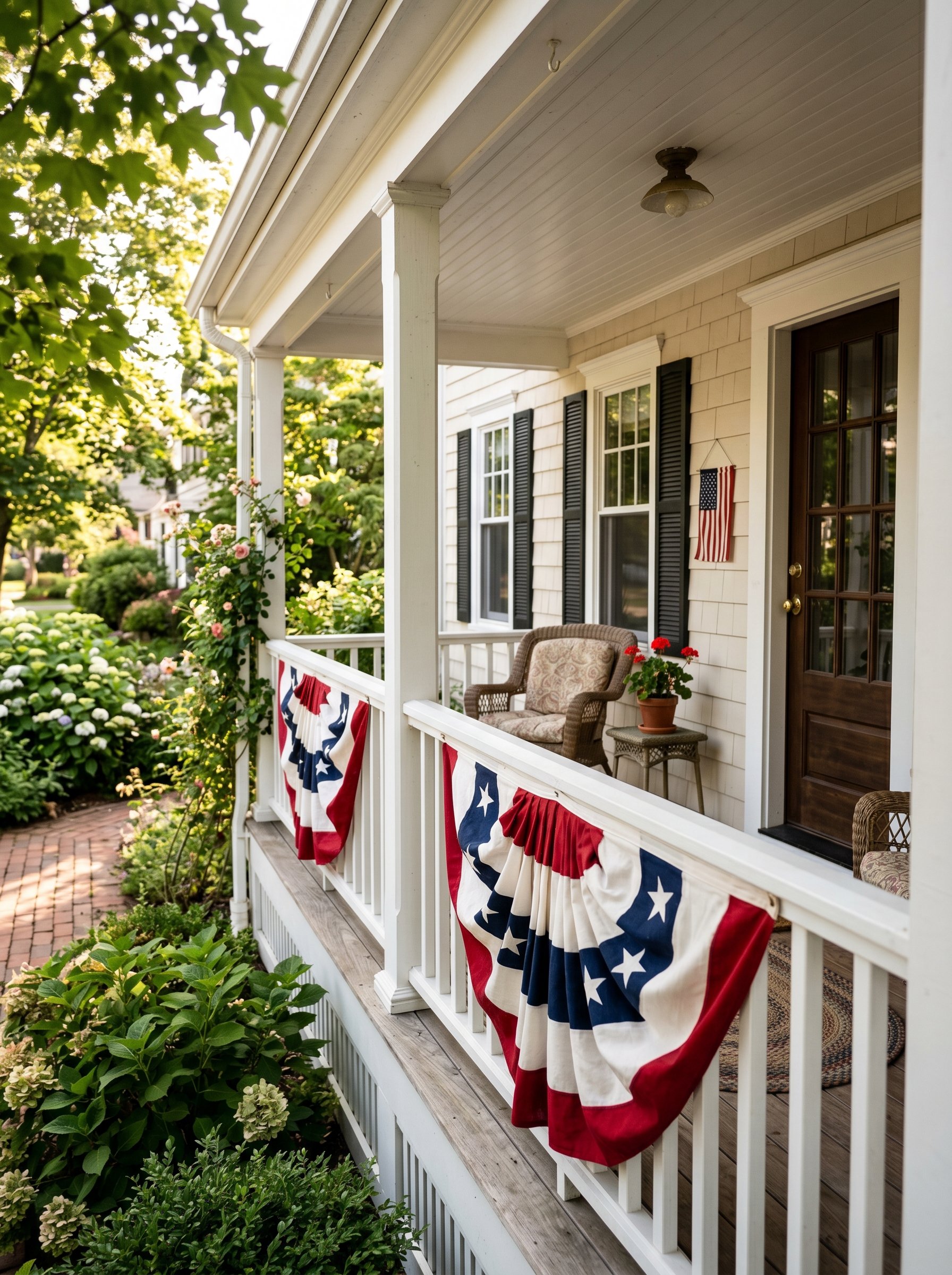 Photorealistic exterior photo. Classic heavy cotton pleated American bunting draped elegantly along a white wooden porch railing. Warm afternoon sunlight, natural shadows. Editorial photography style,