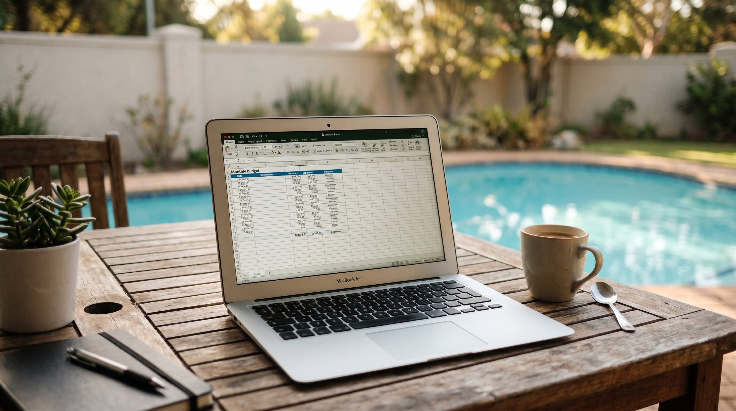 Photorealistic exterior photo. Close-up of an open laptop showing an Excel spreadsheet on a patio table, pool water softly blurred in the background, warm morning light. Editorial photography style, n