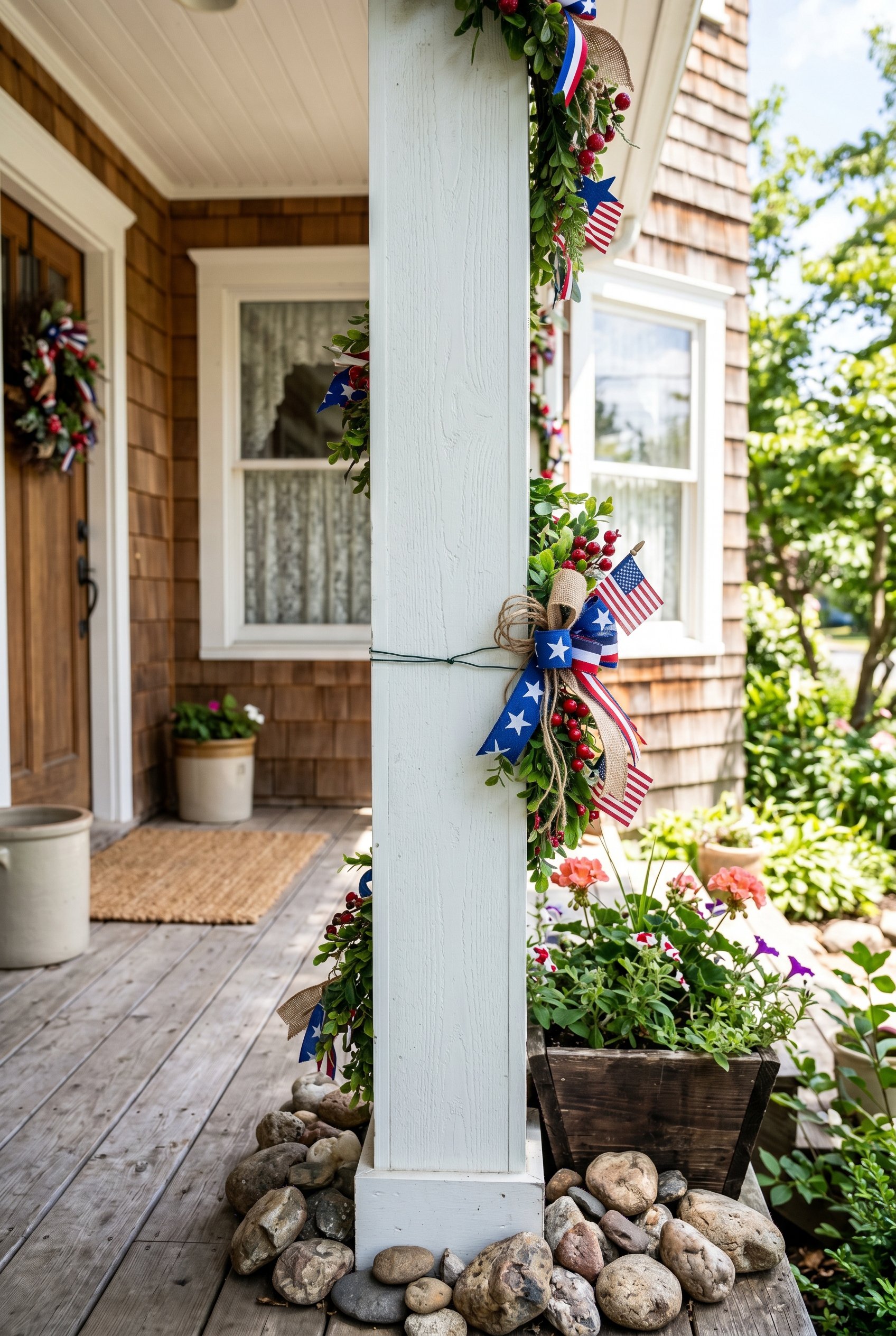 Photorealistic exterior photo. Close-up of green floral wire discreetly securing a patriotic garland to a white wooden porch column. Heavy river rocks visible at the base of a nearby planter. Editoria