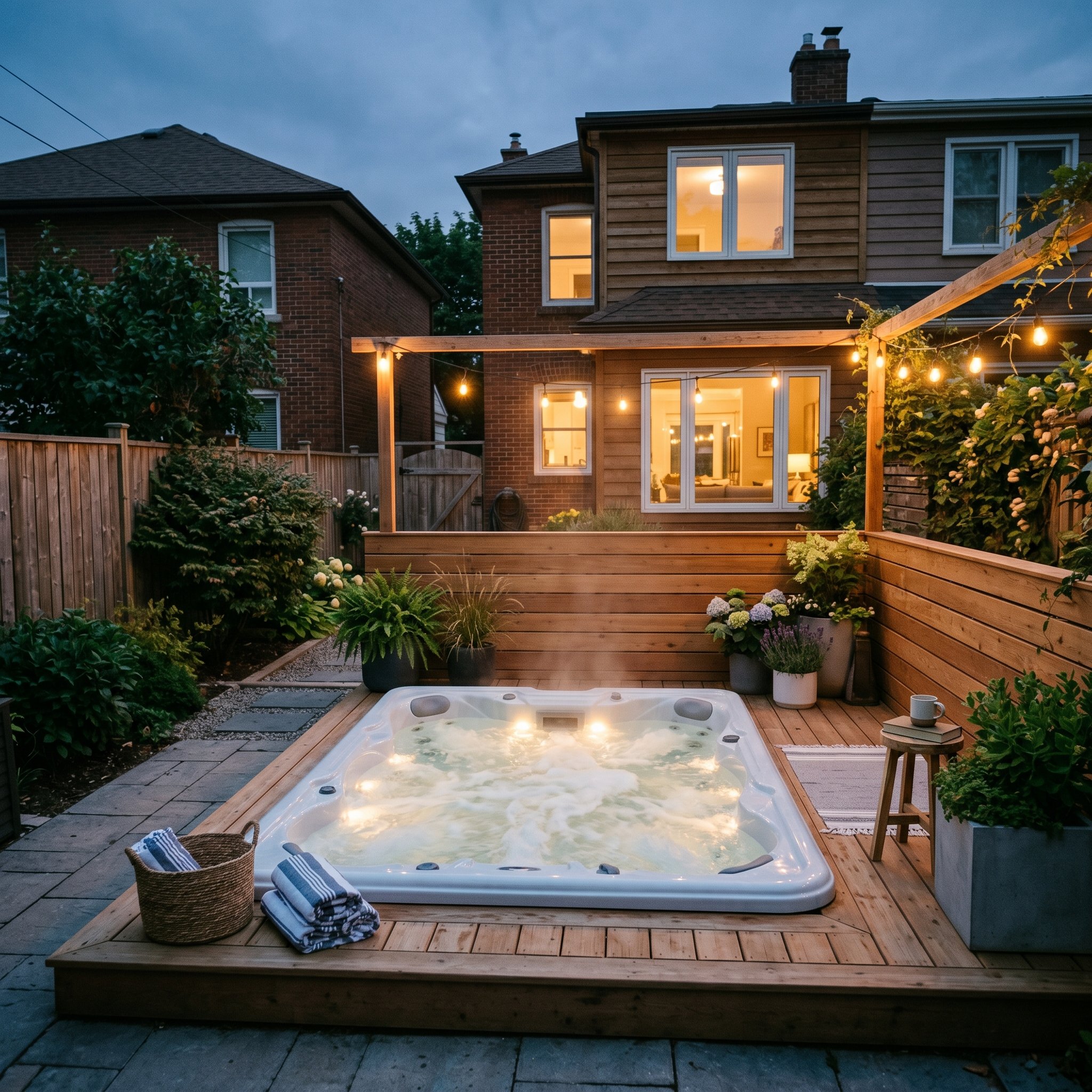 Photorealistic exterior photo. Compact fiberglass swim spa installed in a small backyard with modern wood paneling, bubbling water jets, twilight lighting. Editorial photography style, no people visib