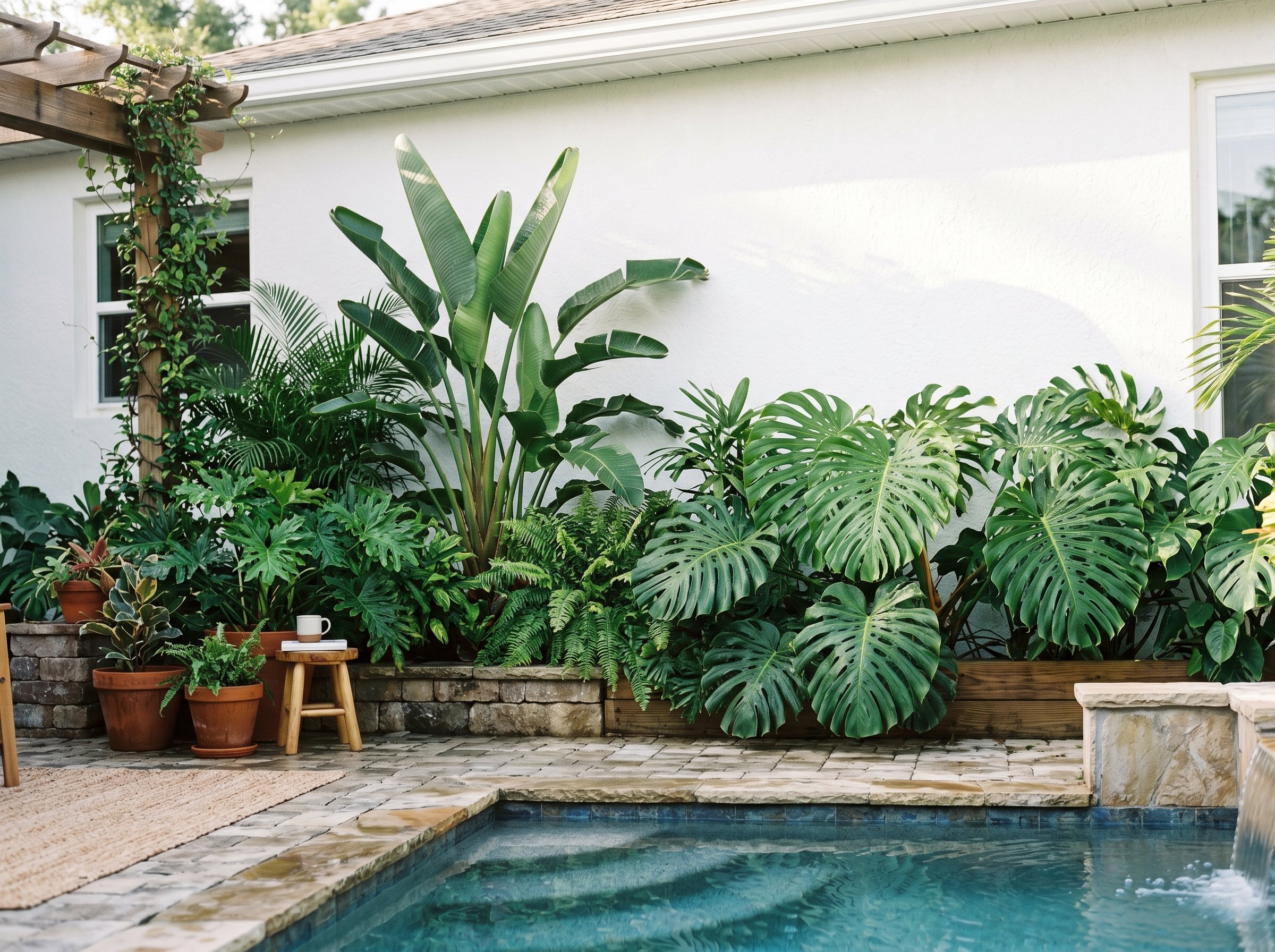 Photorealistic exterior photo. Dense, lush tropical plantings including Bird of Paradise and giant Monstera leaves against a clean white wall near a pool edge. Wet leaves reflecting light, morning sun
