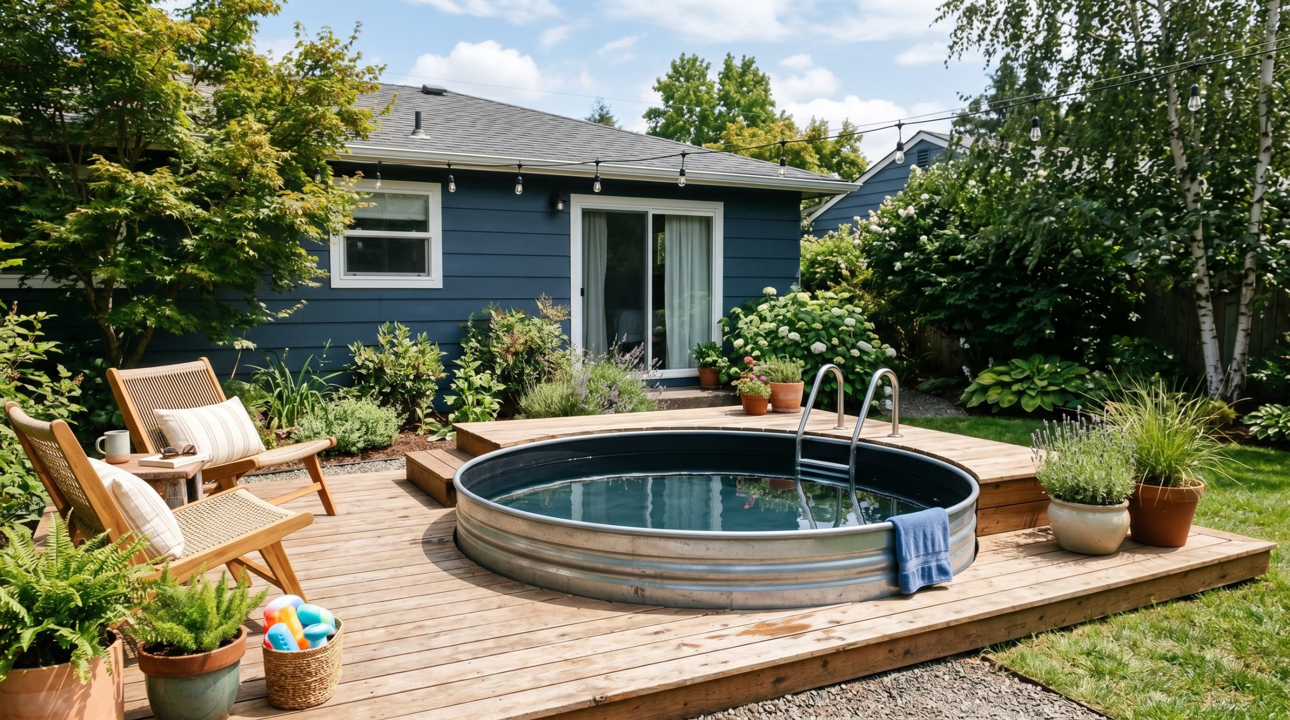 Photorealistic exterior photo. Galvanized stock tank pool sunk halfway into a wood deck, painted black interior, casual modern backyard setup, bright sunny lighting. Editorial photography style, no pe