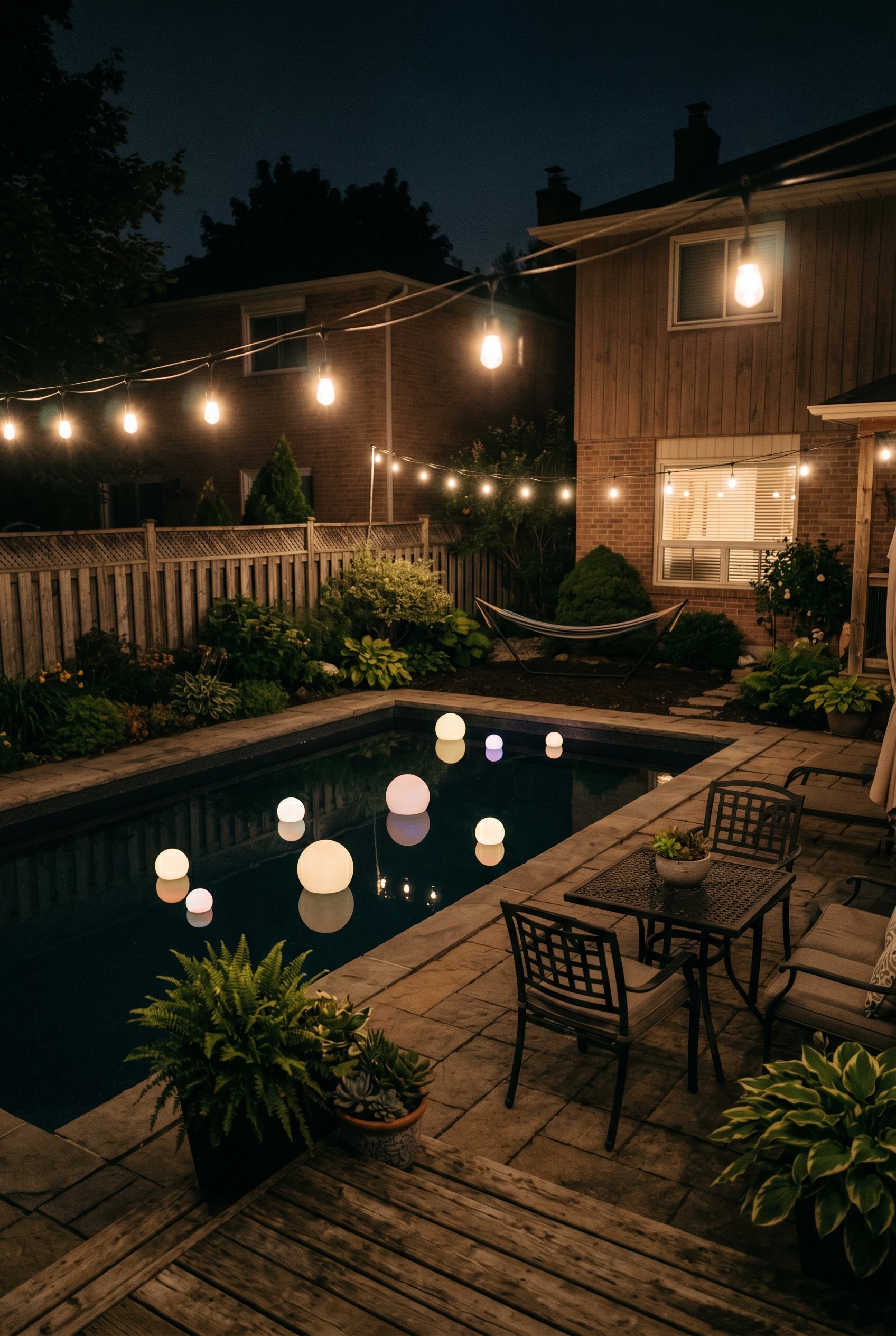 Photorealistic exterior photo. Glowing solar LED orbs floating in a dark pool at night, overhead cafe string lights illuminating the backyard, moody atmospheric lighting. Editorial photography style,