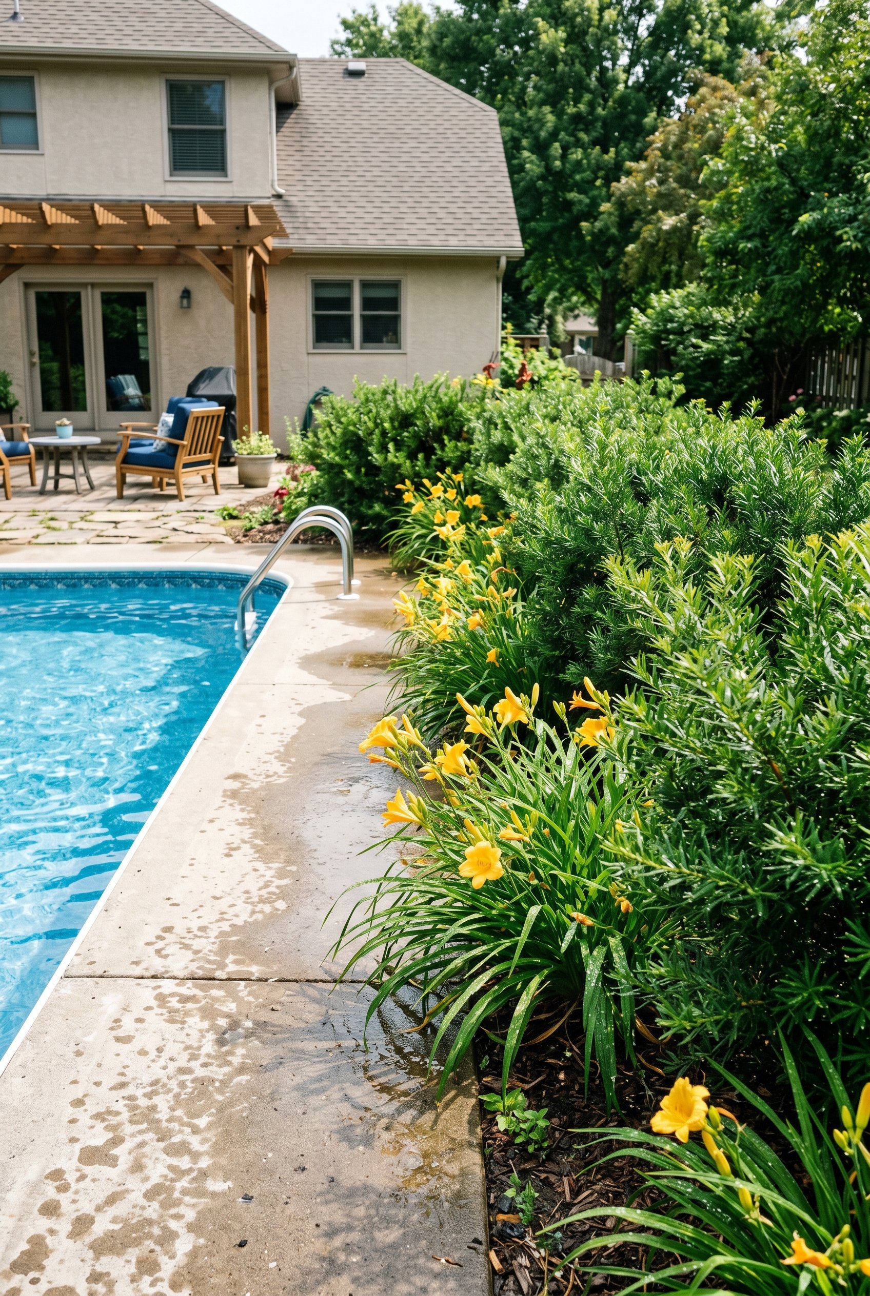 Photorealistic exterior photo. Hardy daylilies and wax myrtle shrubs planted along the wet splash zone of a concrete pool deck. Water droplets on leaves, bright summery lighting. Editorial photography