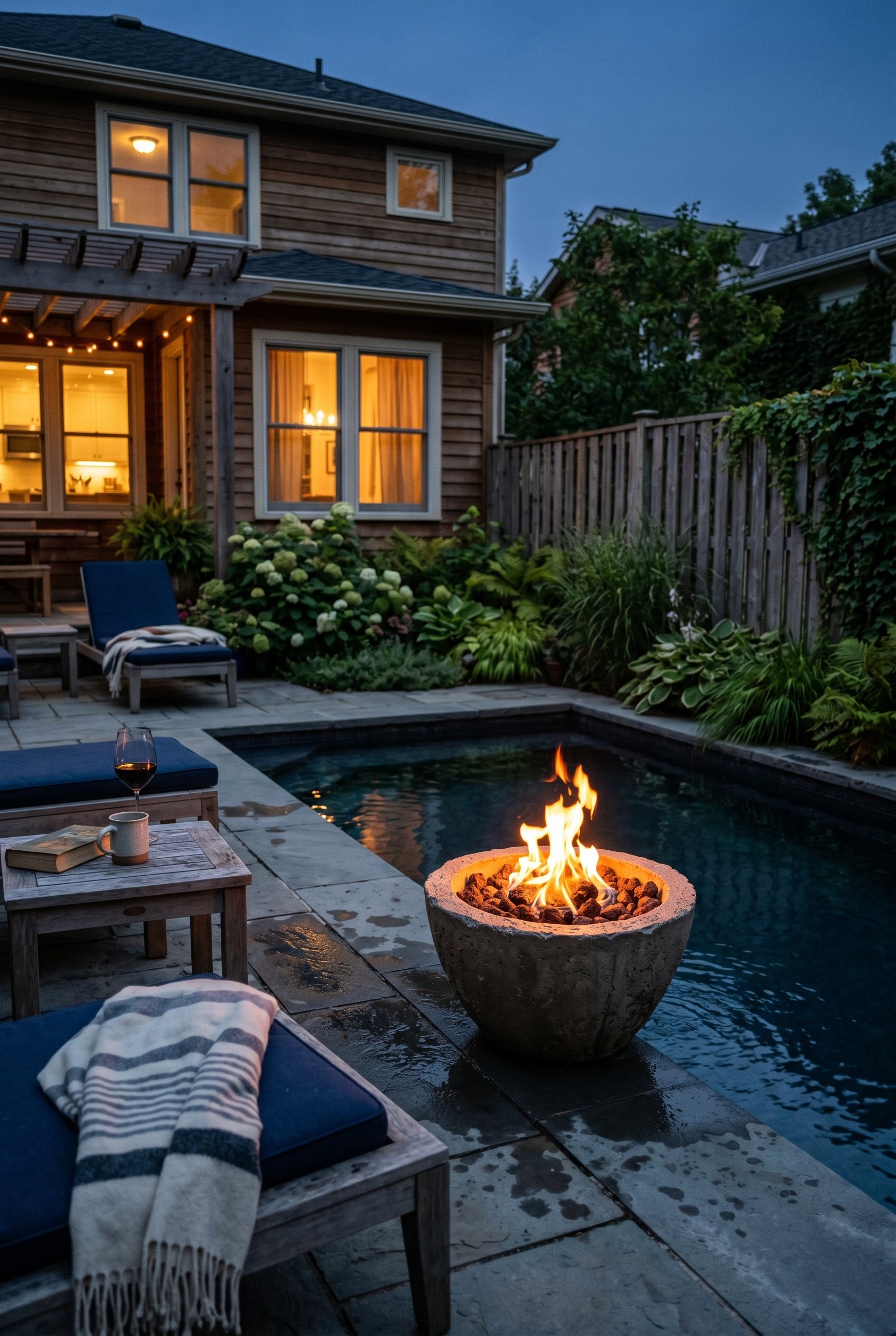 Photorealistic exterior photo. Heavy concrete fire bowl with flames burning on the edge of a small dark-bottom pool, twilight moody lighting. Editorial photography style, no people visible.