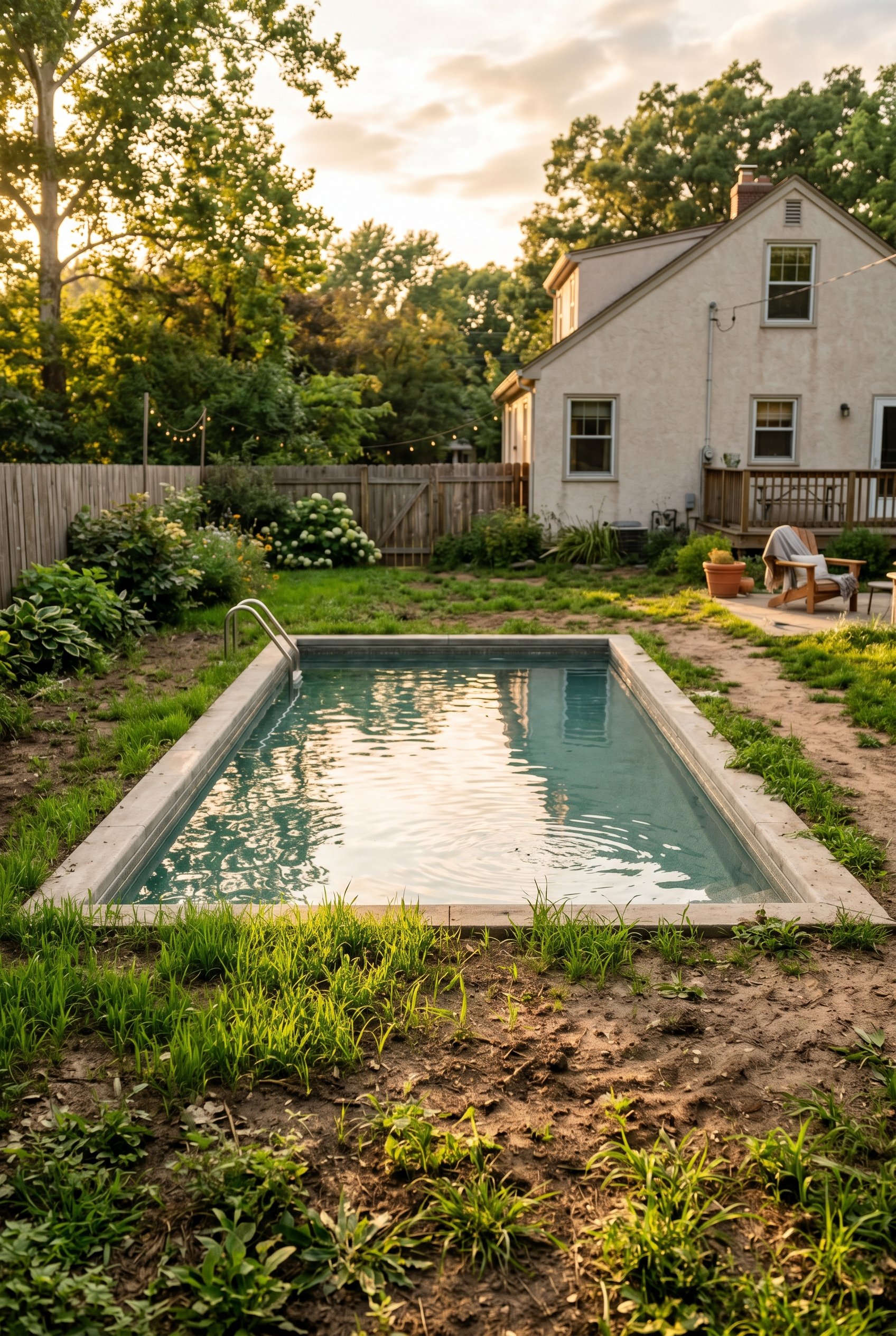 Photorealistic exterior photo. Inground pool surrounded by simple dirt and fresh green grass shoots, no paved decking, raw minimalist look, late afternoon sun. Editorial photography style, no people v